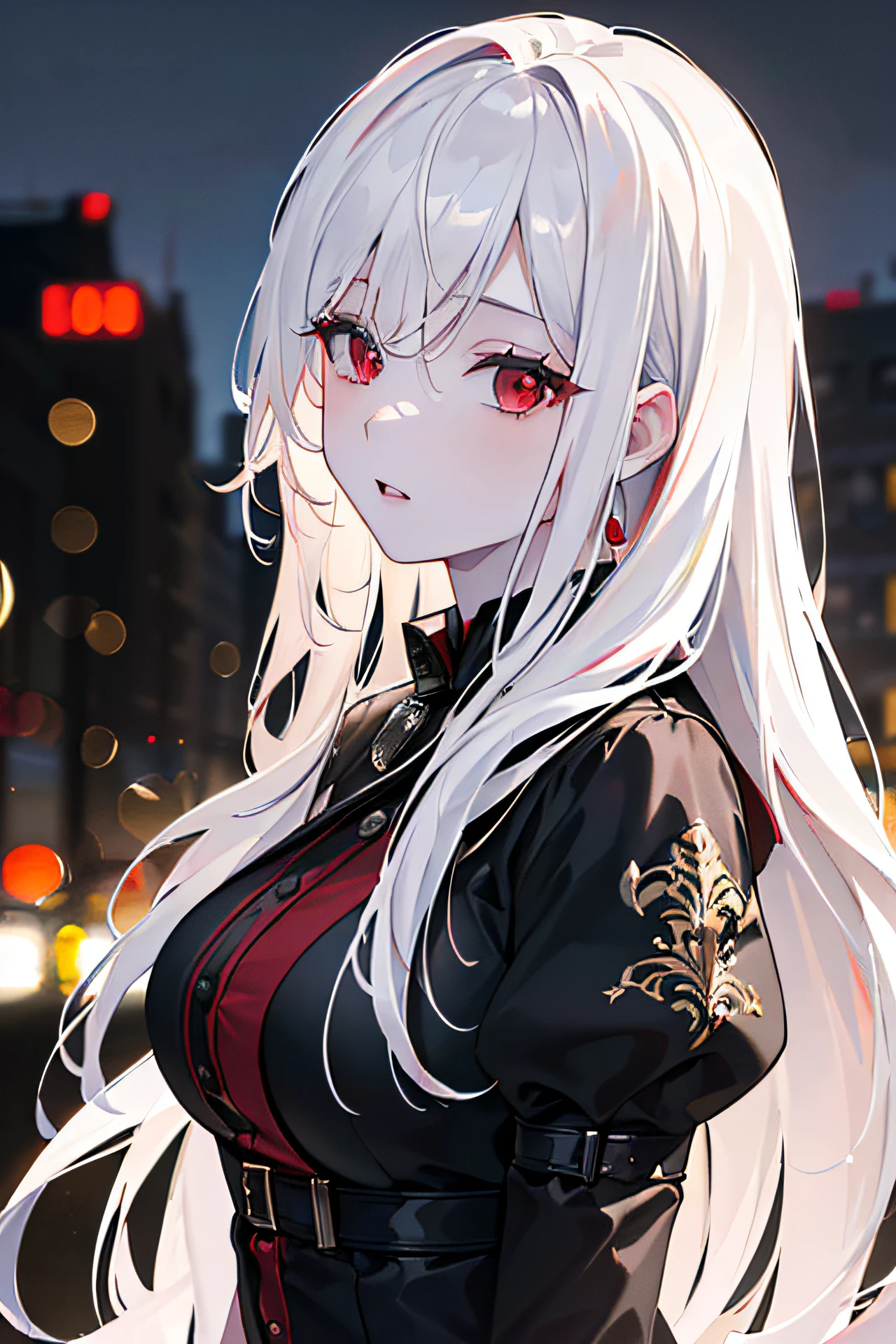 (best quality,4k,8k,highres,masterpiece:1.2),ultra-detailed,(realistic,photorealistic,photo-realistic:1.37),red eyes,pale skin,long white hair,black dress,city background,detailed,beautiful lighting,portrait,urban scene,vivid colors,sharp focus,professional,bokeh