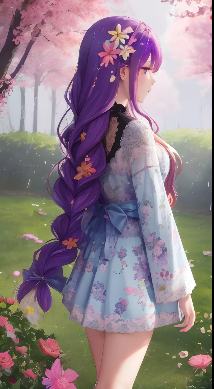 anime girl with long hair and flower in her hair, Beautiful anime artwork, style of anime4 K, Anime art wallpaper 4k,Rainy days，janelas，the woods，Rain drops