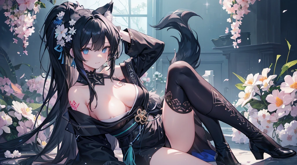 (extremely detailed CG unity 8k wallpaper), (((ultra-detailed))), ((extremely detailed)), (((best illustration))), best illumination, ((extremely delicate and beautiful)), ((an extremely delicate and beautiful girl)), {{{color palette: black, white, blue}}}, colorful, white sakura trees, park, (((colorful flowers))), ((1 girl, solo)), {{finely detailed beautiful eyes and detailed face}}, {{{{{grin}}}}}, closed mouth, {{{long ponytail}}}, shiny hair, (((black hair))), {{{{blue eyes(glowing)}}}, beautiful detailed eyes, mature female, slender, medium breast, black wolf ears, (black wolf tail), (((intricate details))), (Black and green off the shoulder sexy kimono dress), short black boots, ((wolf tattoo)), sitting, wolf pet, bishoujo, 19_years_old