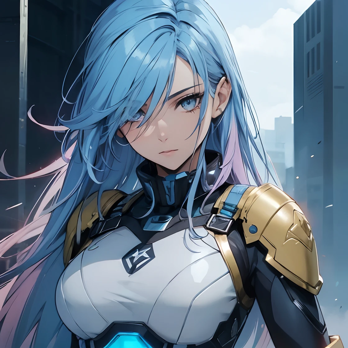 1 female, beautiful, blue hair, combat suit, gold eyes, masterpiece, official art, 4k, highly detailed