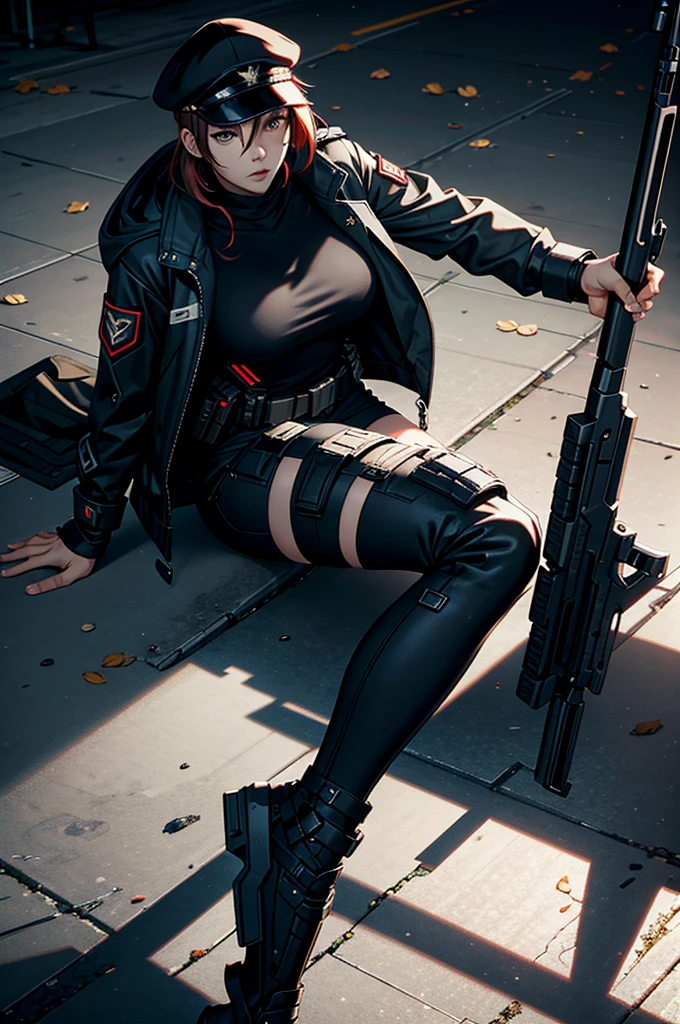 Warzone, Stiletto, Cap, Girl Soldier, gloves, arms, weapon, operator, scar face, jacket, 1 girl, full body, 8K, side arm,