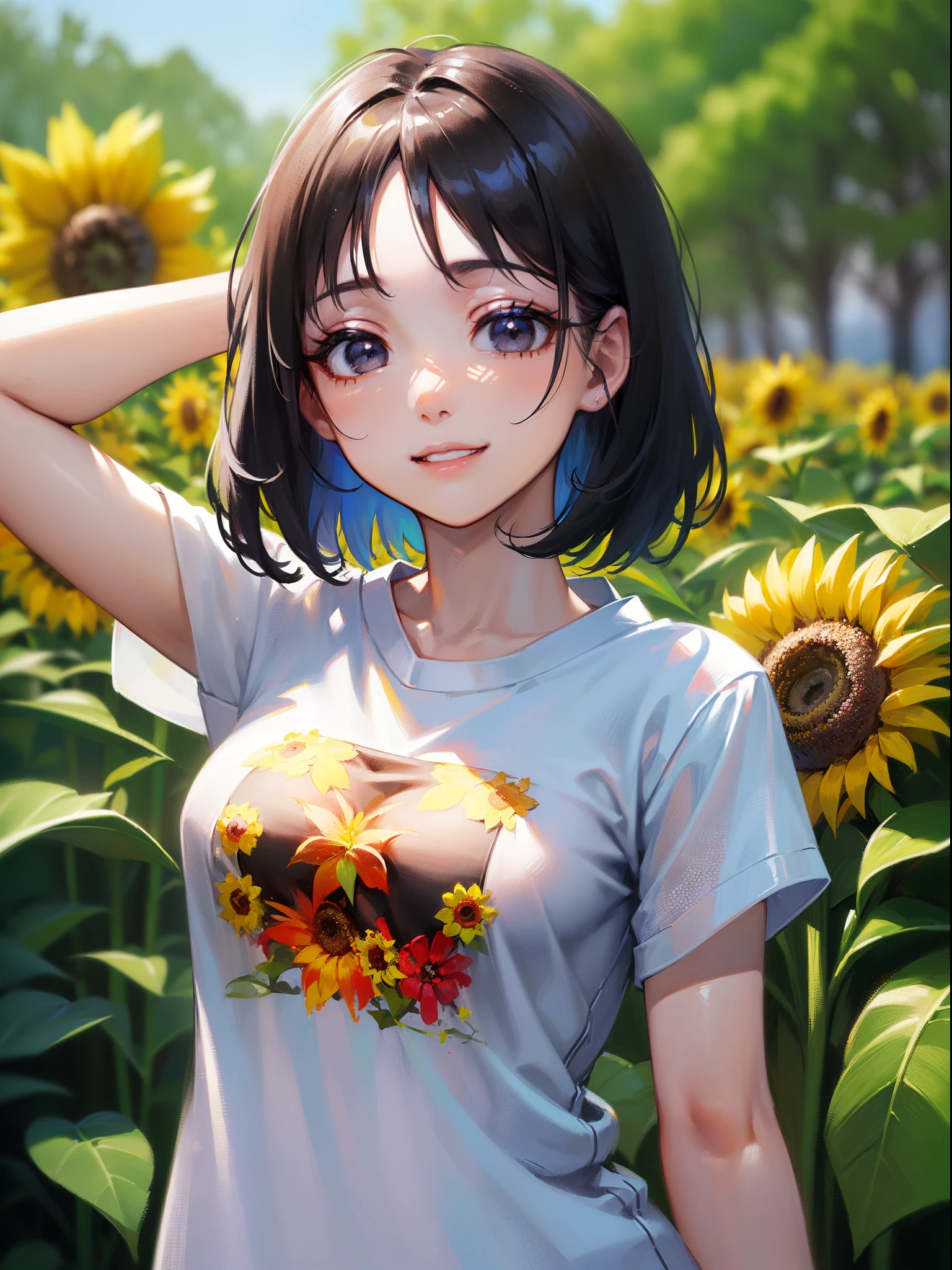 ((masuter piece:1.5)),((Finest quality)),(super precision),8k picture,Top quality anime,Highest level of resolution,Fantasyart,((perfect anatomia:1.5)),(Perfect depiction, Unbroken body:1.5),Detailed down to the smallest detail,Phenomenal depiction,((1 Japan Woman:1.4),((A dark-haired,bob cuts:1.1)),Slim and well-proportioned body,(Beautiful and neat face),((Beautiful shiny black eyes),pretty skin,(A smile staring at us)),(T-shirt with detailed details:1.6,Beautiful pattern with detailed and detailed details,),Sunflower field