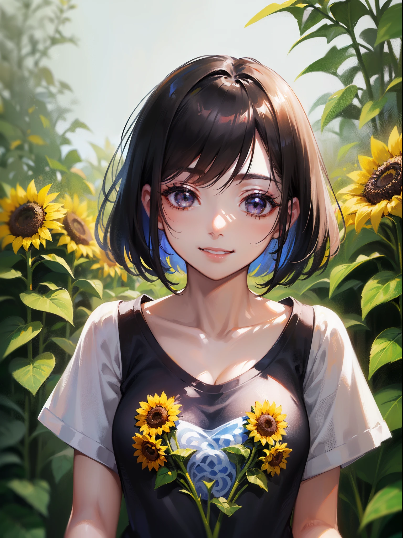 ((masuter piece:1.5)),((Finest quality)),(super precision),8k picture,Top quality anime,Highest level of resolution,Fantasyart,((perfect anatomia:1.5)),(Perfect depiction, Unbroken body:1.5),Detailed down to the smallest detail,Phenomenal depiction,((1 Japan Woman:1.4),((A dark-haired,bob cuts:1.1)),Slim and well-proportioned body,(Beautiful and neat face),((Beautiful shiny black eyes),pretty skin,(A smile staring at us)),(T-shirt with detailed details:1.6,Beautiful pattern with detailed and detailed details,),Sunflower field