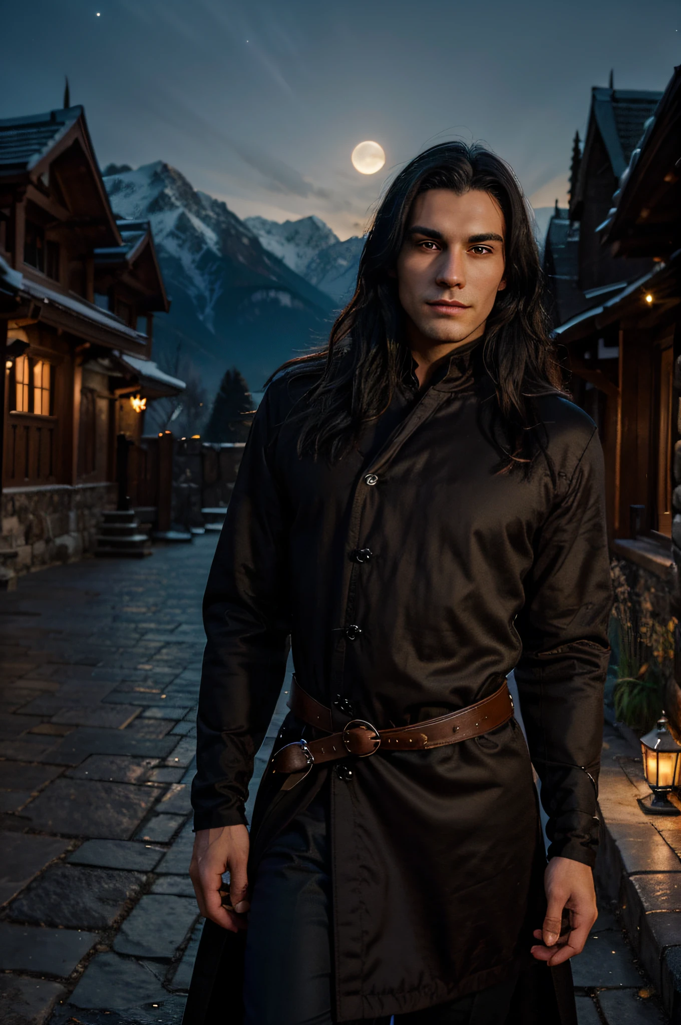Generate an image of an incredibly handsome and alluring young man in his 20s, standing behind a Transylvanian castle at night with the full moon casting its glow on the picturesque mountains. Craft his face with perfect aesthetic features, emphasizing a sharp jaw, pronounced facial features, and overall symmetry. Enhance his mystique with bright red vampire-type eyes, shiny black hair, and a touch of natural redness on his cheeks due to the chilly night. Make it Ultra-realistic.
Dress him in clothing that complements the dark castle vibe, creating an aura of mystery and sophistication. Ensure warm cozy lights surround him, creating a contrast with the chilly night and accentuating a cozy, inviting atmosphere. The background should highlight the vastness of the castle, and the picturesque mountains should contribute to the overall enchanting and atmospheric scene.