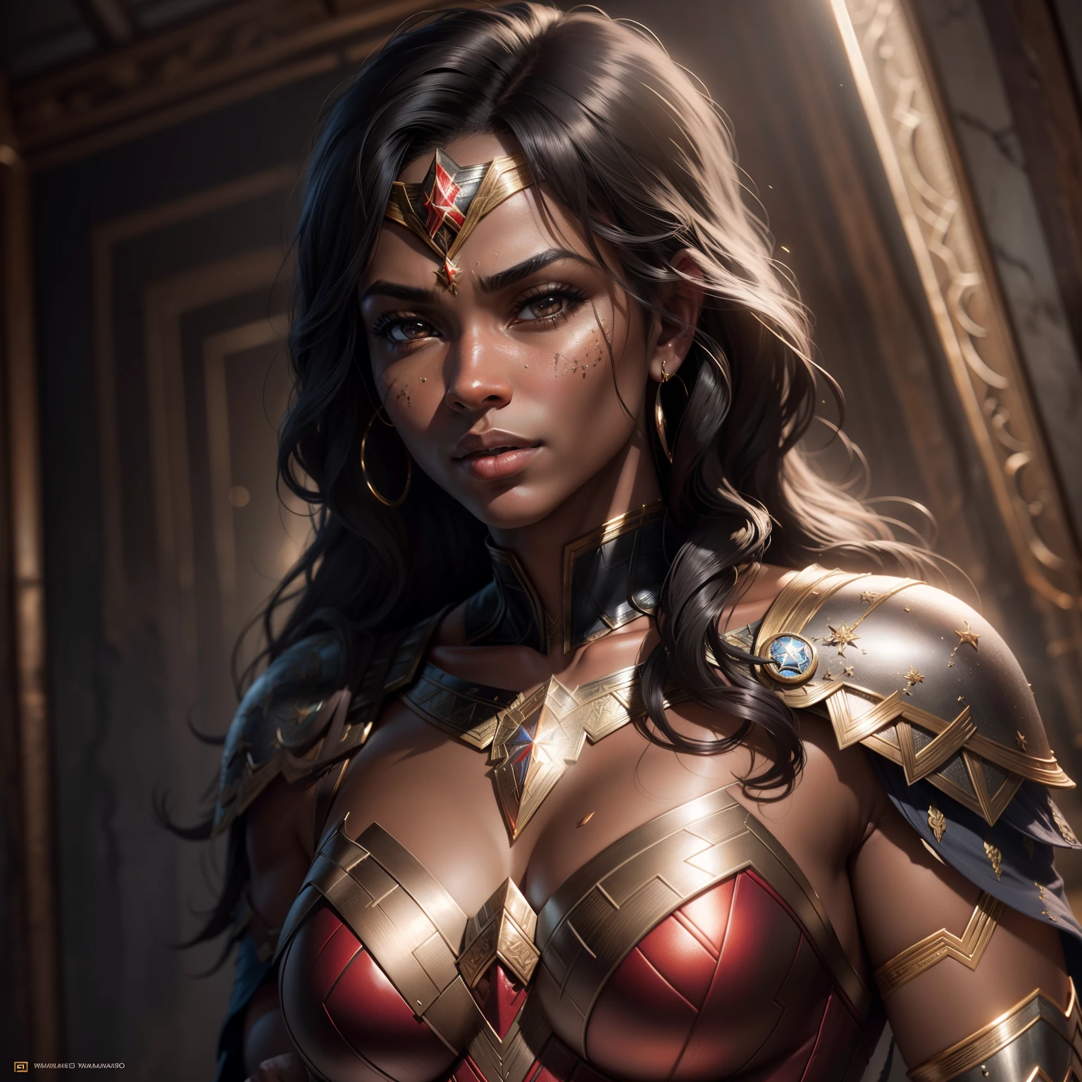 black wonder woman, (Realistic:1.3), Finely detailed, quality, Rembrandt lighting, (masutepiece:1.2), (Photorealistic:1.2), (Best Quality), (Detailed skin:1.3), (Intricate details), Dramatic, Ray tracing,