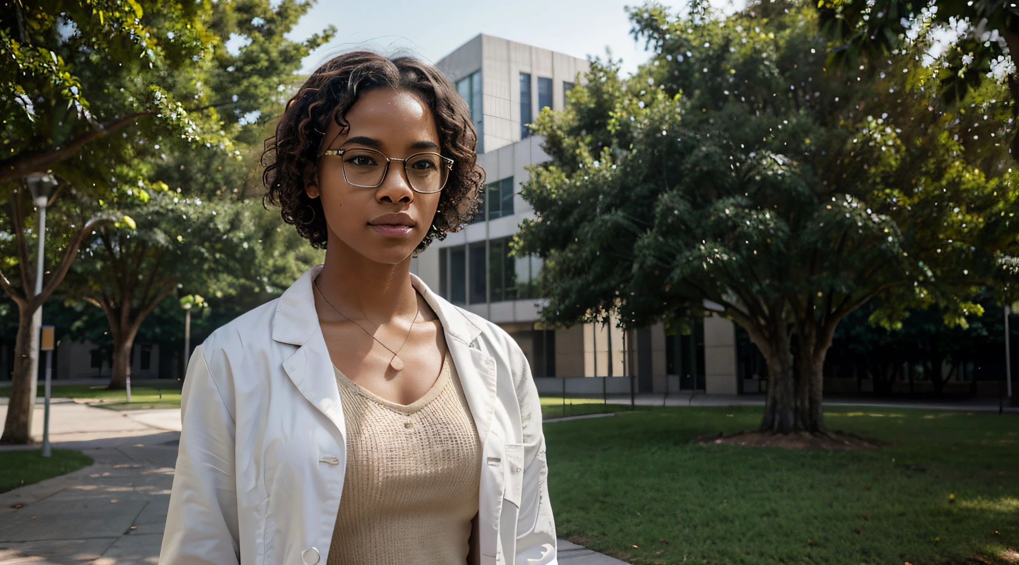Generate a realistic image of a Brazilian university student, of African descent, wearing a white lab coat and glasses, walking on the university campus during the day. Highlight the texture of her short, curly hair, ensuring visible and natural details. The sunlight should create soft shadows on the ground and accentuate the details of the white lab coat. Ensure that the student's facial expression is neutral and focused, conveying determination. Include realistic elements in the environment, such as trees, academic buildings, and pathways on the campus. Apply natural lighting that enhances the contours of the face and coat, providing a sense of realism and depth to the scene.