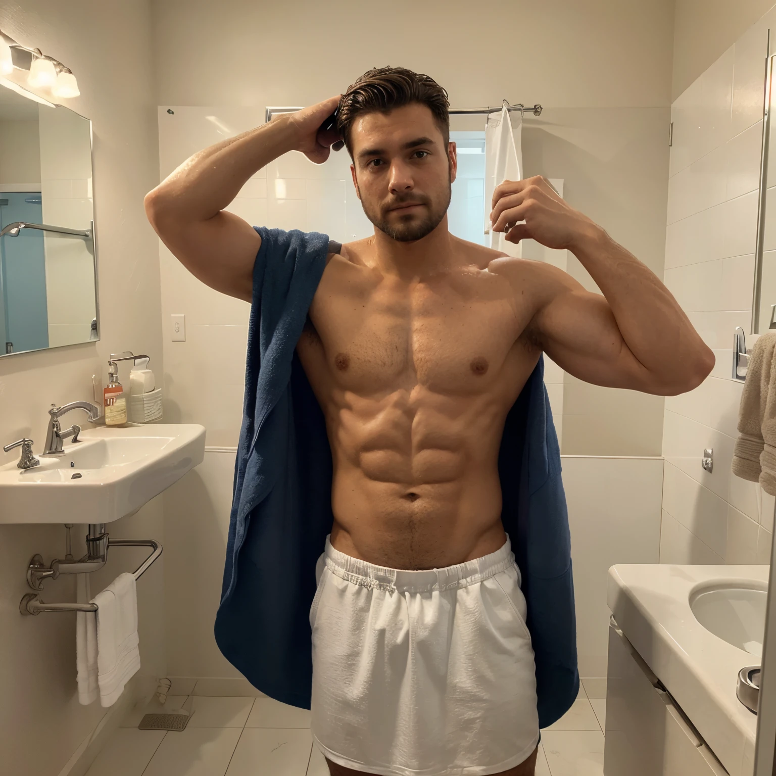 This is a selfie of a man in a bathroom mirror. He is shirtless and wearing a dark blue towel around his waist. The man is posing with his left hand behind his head, showing off his physique. He has a short beard and his hair is styled upwards. The bathroom has a shower curtain with a polka-dot pattern in the background, and there's a white sink in the foreground. On the right, there are toiletries and a red fire extinguisher. The walls are tiled with a mix of beige tones.