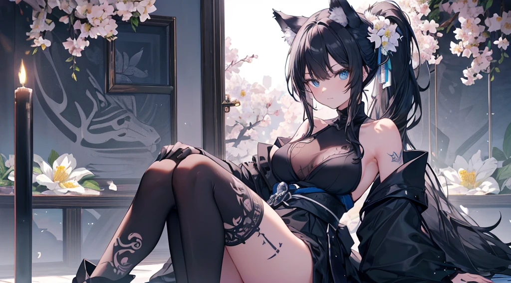(extremely detailed CG unity 8k wallpaper), (((ultra-detailed))), ((extremely detailed)), (((best illustration))), best illumination, ((extremely delicate and beautiful)), ((an extremely delicate and beautiful girl)), {{{color palette: black, white, blue}}}, colorful, white sakura trees, park, (((colorful flowers))), ((1 girl, solo)), {{finely detailed beautiful eyes and detailed face}}, {{{{{grin}}}}}, closed mouth, {{{long ponytail}}}, shiny hair, (((black hair))), {{{{blue eyes(glowing)}}}, beautiful detailed eyes, mature female, slender, medium breast, black wolf ears, (black wolf tail), (((intricate details))), (Black and green turtleneck sexy kimono dress), short black boots, ((wolf tattoo)), sitting, wolf pet, bishoujo, 19_years_old