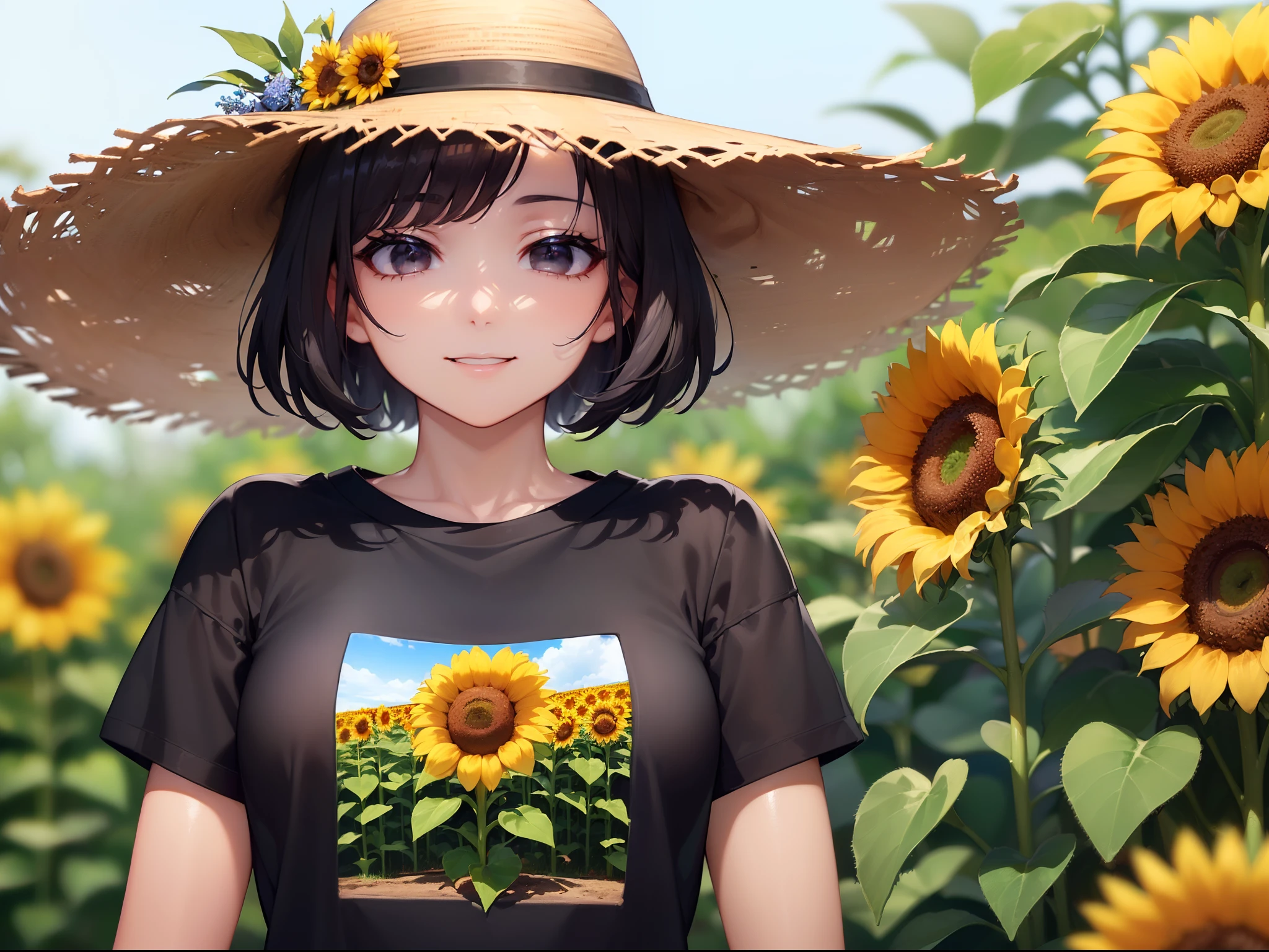 ((masuter piece:1.5)),((Finest quality)),(super precision),8k picture,Top quality anime,Highest level of resolution,sharpnes,clear,((perfect anatomia:1.5)),(Perfect depiction, Unbroken body:1.5),Detailed down to the smallest detail,Phenomenal depiction,((1 Japan Woman:1.4),((A dark-haired,bob cuts:1.1)),Slim and well-proportioned body,(Beautiful and neat face),((Beautiful shiny black eyes),pretty skin,(A smile staring at us)),(T-shirt with detailed details:1.6,Beautiful pattern with detailed and detailed details,),Sunflower field,a straw fedora hat