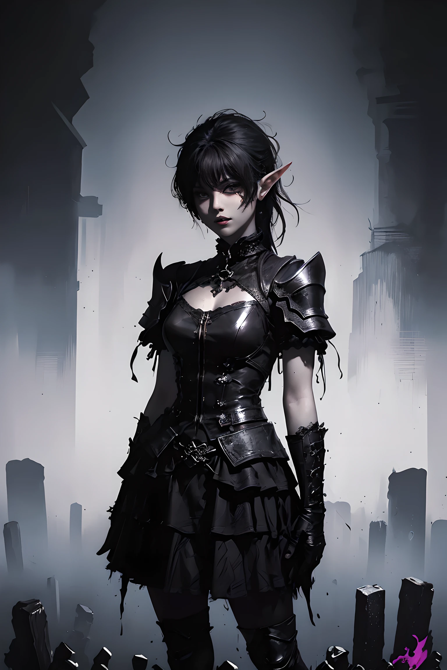 (dark fantasy:1.3), (black and purple theme:1.3), (dark theme:1.3), (in the dark:1.3), (1dark elf:1.3), solo, portrait of extremely pretty and cool beauty female dark elf, wearing a dark gothic dress, in front of Japanese Temple Torii, Torii, ruined temple, dark forest, magic, fantasy, fog, smog, steam, light veil, front view,