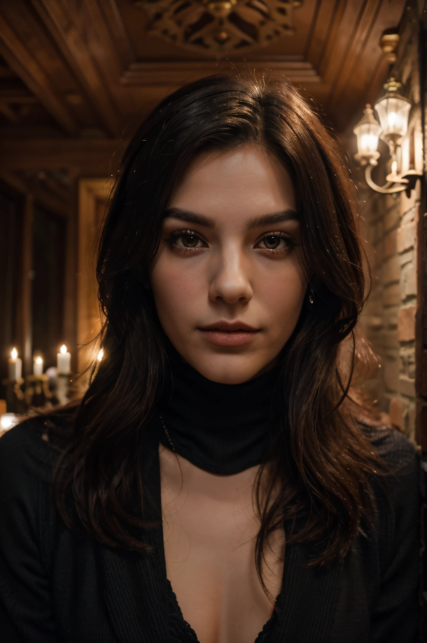 Generate an image of an incredibly handsome and alluring young man in his 20s, standing behind a Transylvanian castle at night with the full moon casting its glow on the picturesque mountains. Craft his face with perfect aesthetic features, emphasizing a sharp jaw, pronounced facial features, and overall symmetry. Enhance his mystique with bright red vampire-type eyes, shiny black hair that is slightly curly and not longer than shoulder length, and a touch of natural redness on his cheeks due to the chilly night. Should be Ultra-realistic
Dress him in clothing that complements the dark castle vibe, perhaps with a blend of modern and classic elements to convey a timeless and captivating allure. Ensure warm cozy lights surround him, creating a contrast with the chilly night and accentuating a cozy, inviting atmosphere. The background should highlight the vastness of the castle, and the picturesque mountains should contribute to the overall enchanting and atmospheric scene.