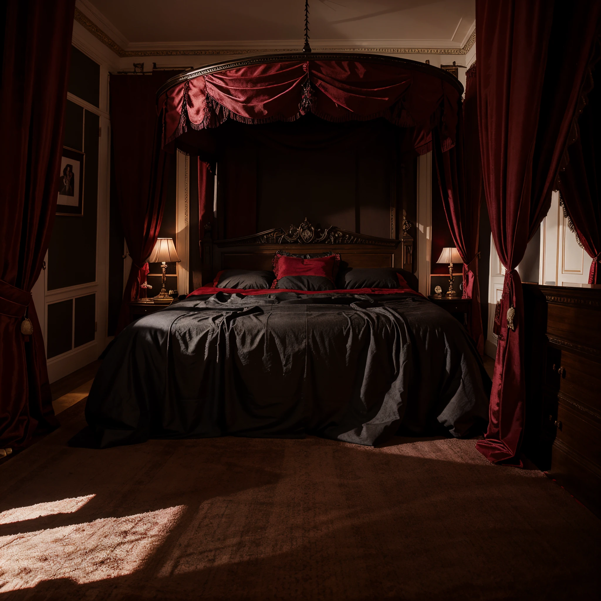 Princess bedroom in royal house, black and red gothic style,, fhd, photorealistic, beauty