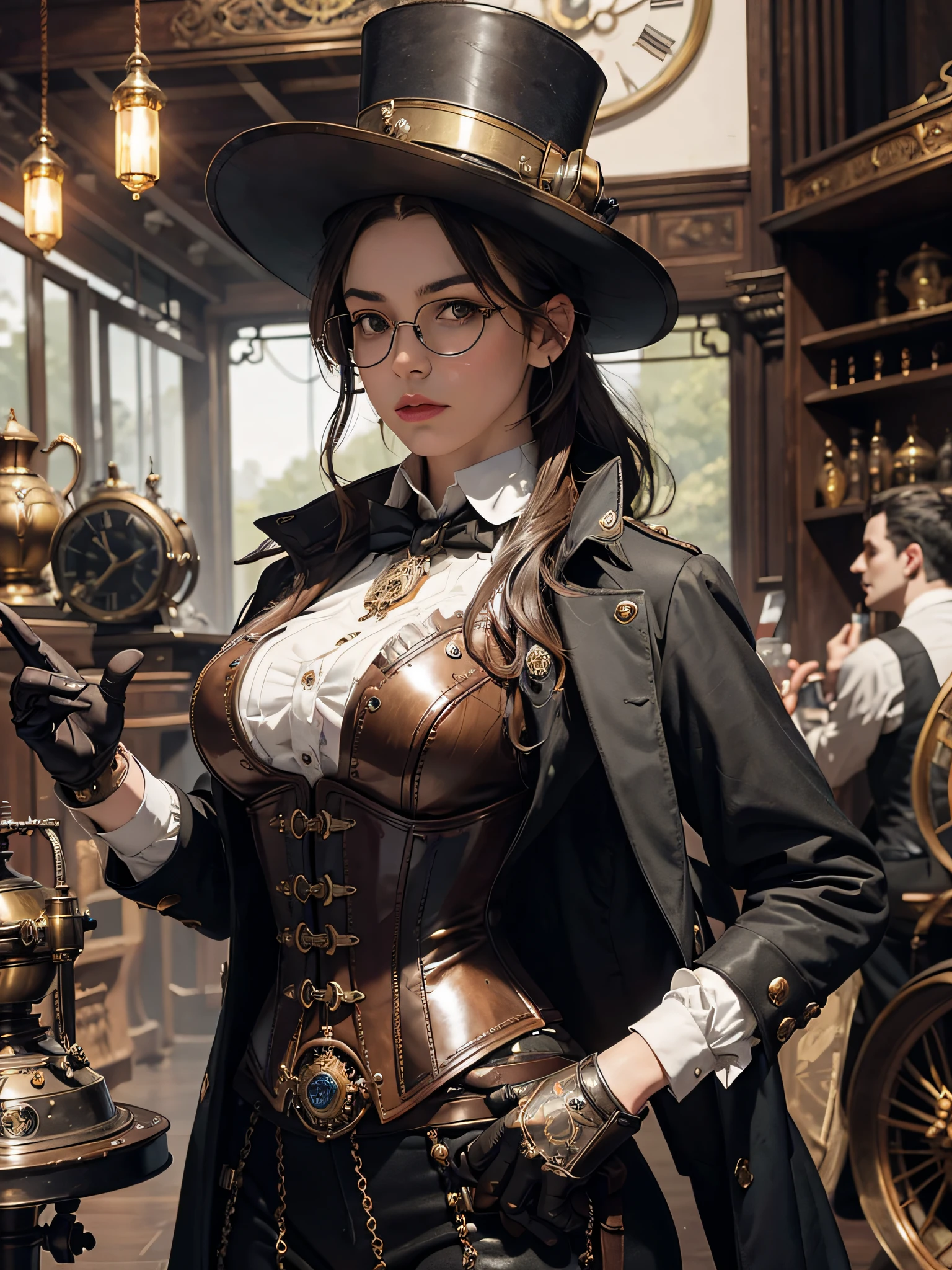 steampunk redhead person flair & twee, in the style of dark romantic, beautiful women, dark brown and light brown, historical themes, romanticized femininity, goblincore, dark brown and brown detailed outfit steampunk, transparent shirt, lewd librarian, hyperrealism, photorealistic, unreal engine, 3dcg, octane render, 8k highest resolution highly detailed
