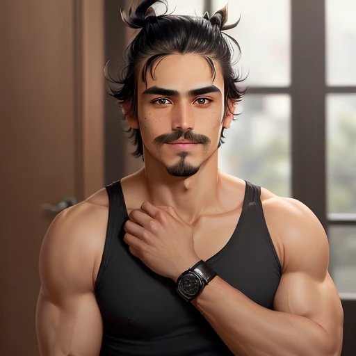 (handsome, masculine, adult mexican american male, broad shoulders), black goatee facial hair, black facial hair on chin ((chin stubbles)), (smiling looking at viewer), ((lazy eyes, tired eyes, half-lidded, eyebags under eyes, hazel eyes with black pupils ((black hair, medium length hair man bun style, shaggy hairstyle, messy hair)) seductive pose, skin but toned body type, arm muscles, handsome, slim jawline,