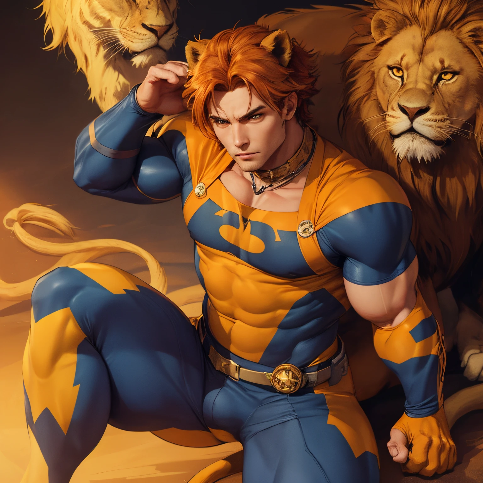 Male superhero wearing a yellow and orange lion theme outfit, cat ears, rubber, symbol on chest, ginger