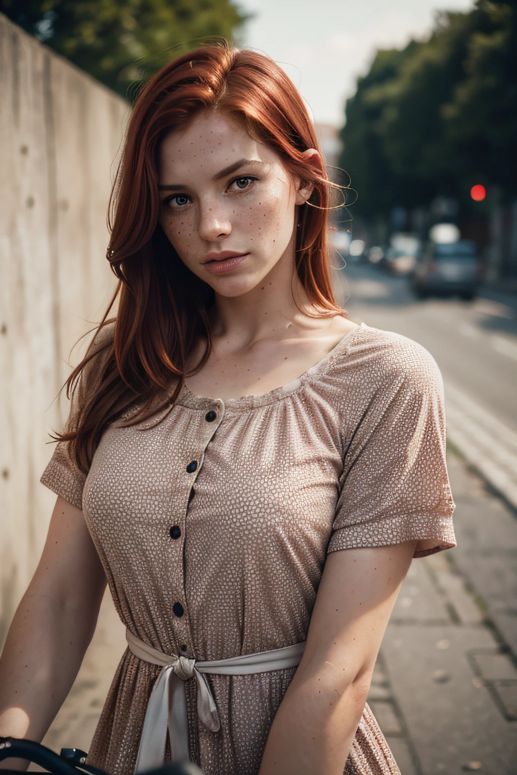 feminine figure, Redhead, freckles, Best Quality, shirt, a closeup of a, realistic skin texture, annoyed, upper body portrait, street wall background, photografic, Detailed facial features, film grain texture and high contrast, Extremely high-resolution details, photographic, Photorealistic, Hyper-realistic, HDR, Masterpiece, girl in a summer dress rides a bicycle along the path