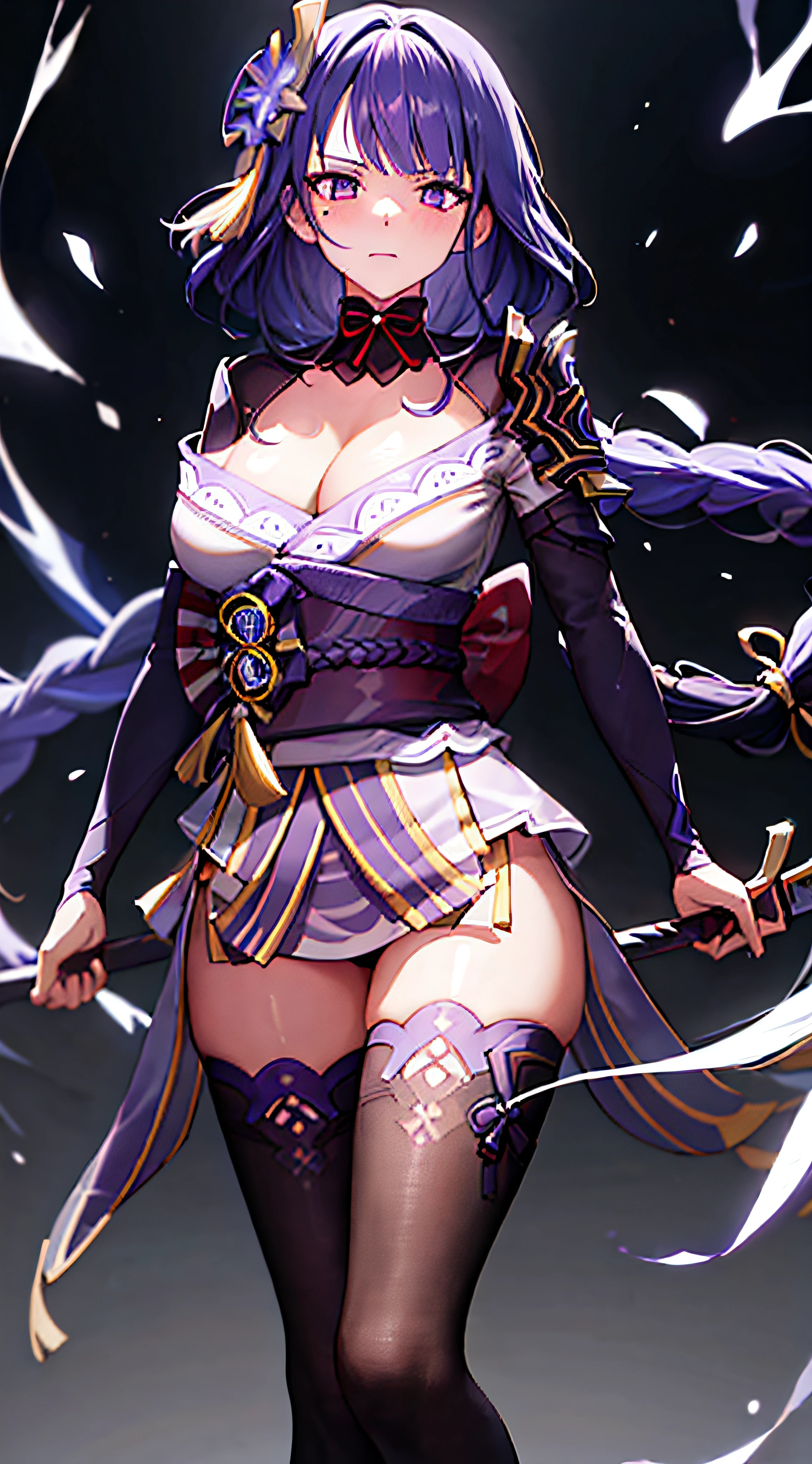 best quality, masterpiece, highres, solo, {raiden_shogun_genshin:1.15}, long_hair, purple_hair, bangs, purple_eyes, mole_under_eye, mole, hair_ornament, flower, braid, cleavage, hair_flower, blush, very_long_hair, 1girl, japanese_clothes, kimono, looking_at_viewer, obi, obiage, obijime, purple_flower, ribbon, sash, tassel, armor, closed_mouth, long_sleeves, mitsudomoe_\(shape\), shoulder_armor, tomoe_\(symbol\), electricity, wide_sleeves, bridal_gauntlets, thighhighs