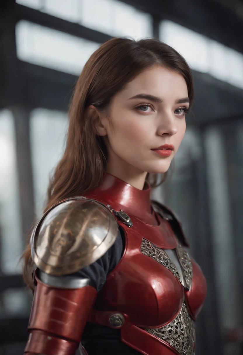 (Master parts), (best qualityer), rendering, Realistic, ultra - detailed, perfect face, perfect bodies, 1 Tape, Beautiful girl, Girl in red armor, Mechanical armor, exoskeleton, Stand, Strike a legal pose, Sexy, Watching from behind