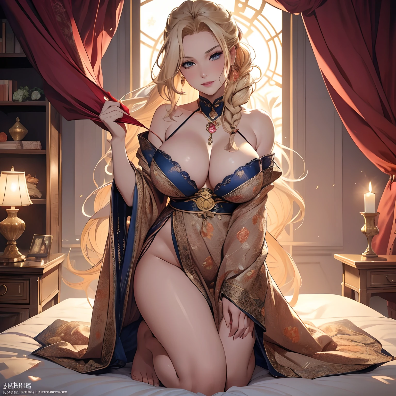 One mature blonde female with curly hair, long braided ponytail, blue eyes, full lips, detailed beautiful face, mild, 30 years old, large chest, wide hips, curvy physique, cleavage, blushing, seductive eyes, wearing open silk robe with detailed floral pattern, kneeling on bed, bare legs, ((tarot cards on the bed)), sunset, red curtains, ((crystal ball on bed)), candles, bookshelf, (((solo))), (masterpiece), erotic, seductive, bare shoulders