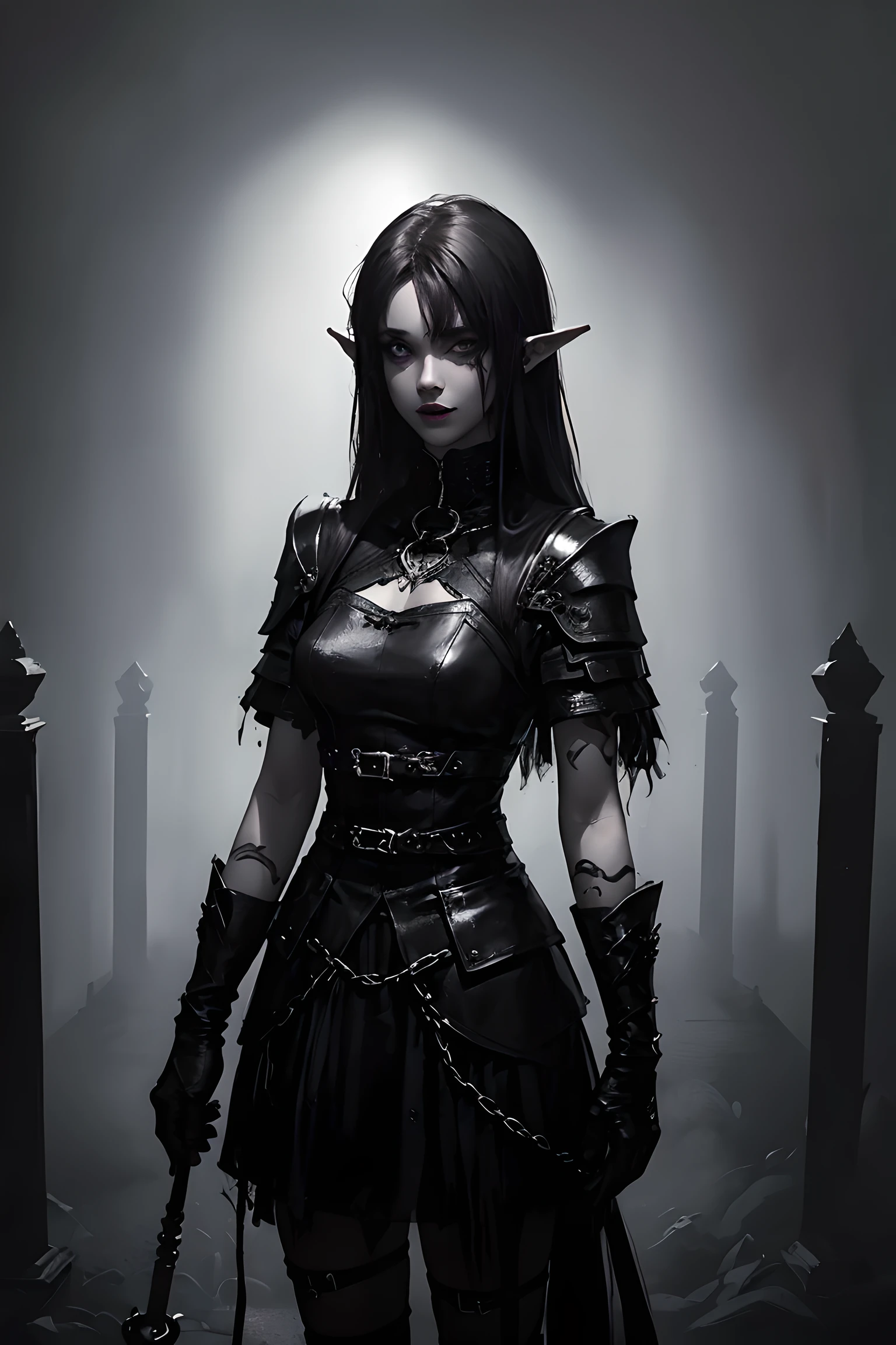 (dark fantasy:1.3), (black and purple theme:1.3), (dark theme:1.3), (in the dark:1.3), (1dark elf:1.3), solo, portrait of extremely pretty and cool beauty female dark elf, wearing a dark gothic dress, in front of Japanese Temple Torii, Torii, ruined temple, dark forest, magic, fantasy, fog, smog, steam, light veil, front view,