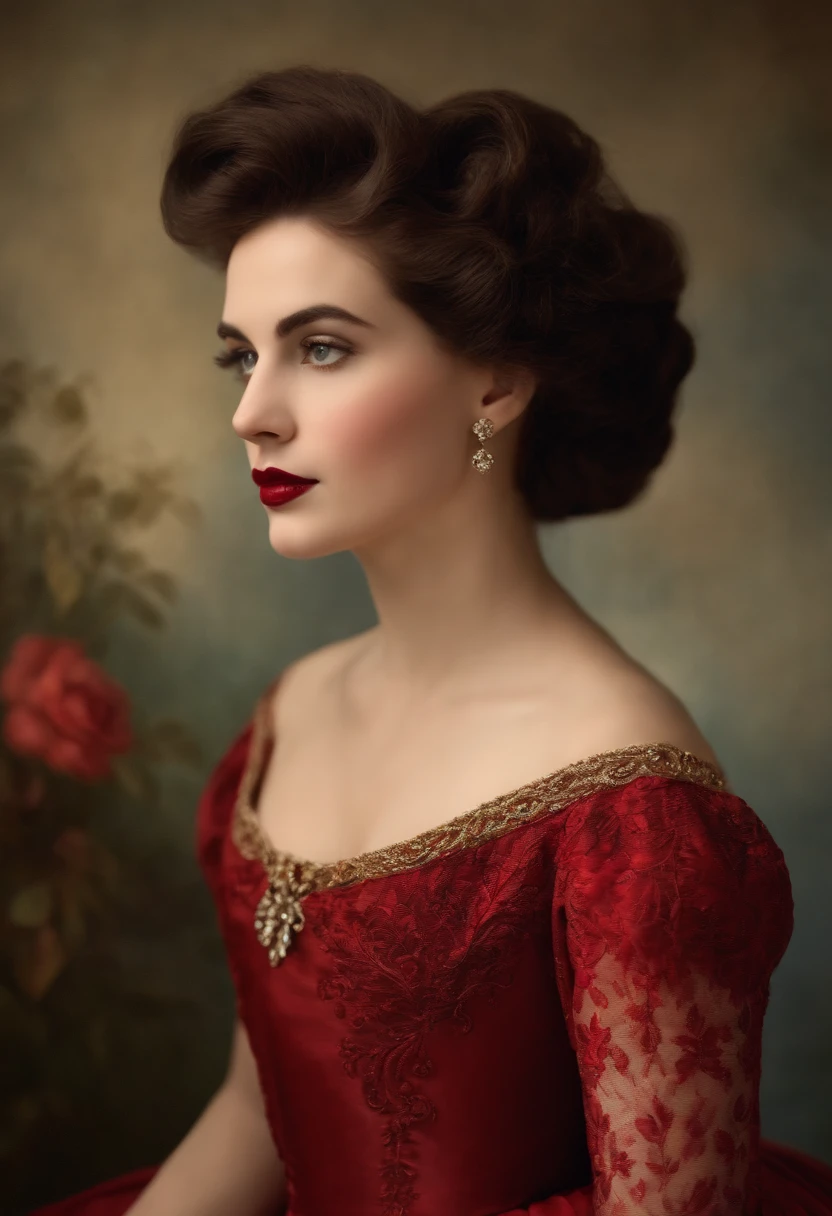 Antique hand painted, beautiful face, dark upswept hair, red dress, red lips, damask dress