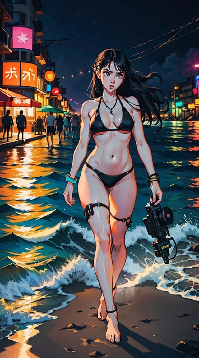 An Extremely Photorealistic Full Body View Of A Sumptuous Caucasian Militant Tank Girl With Awesome Black Hair And Grey Eyes Wearing A Rainbow Colored Bikini with an ankle bracelet on Walking Barefoot On The Beach At Night Under The Neon Moonlight, Manga, PhotoRealistic Background, fantastical, ethereal, atmospheric, DOF, vibrant lighting, hyper-realism, best quality, highly detailed,  resolution, 8k, DSLR, HDR, UHD, Fujifilm X3.