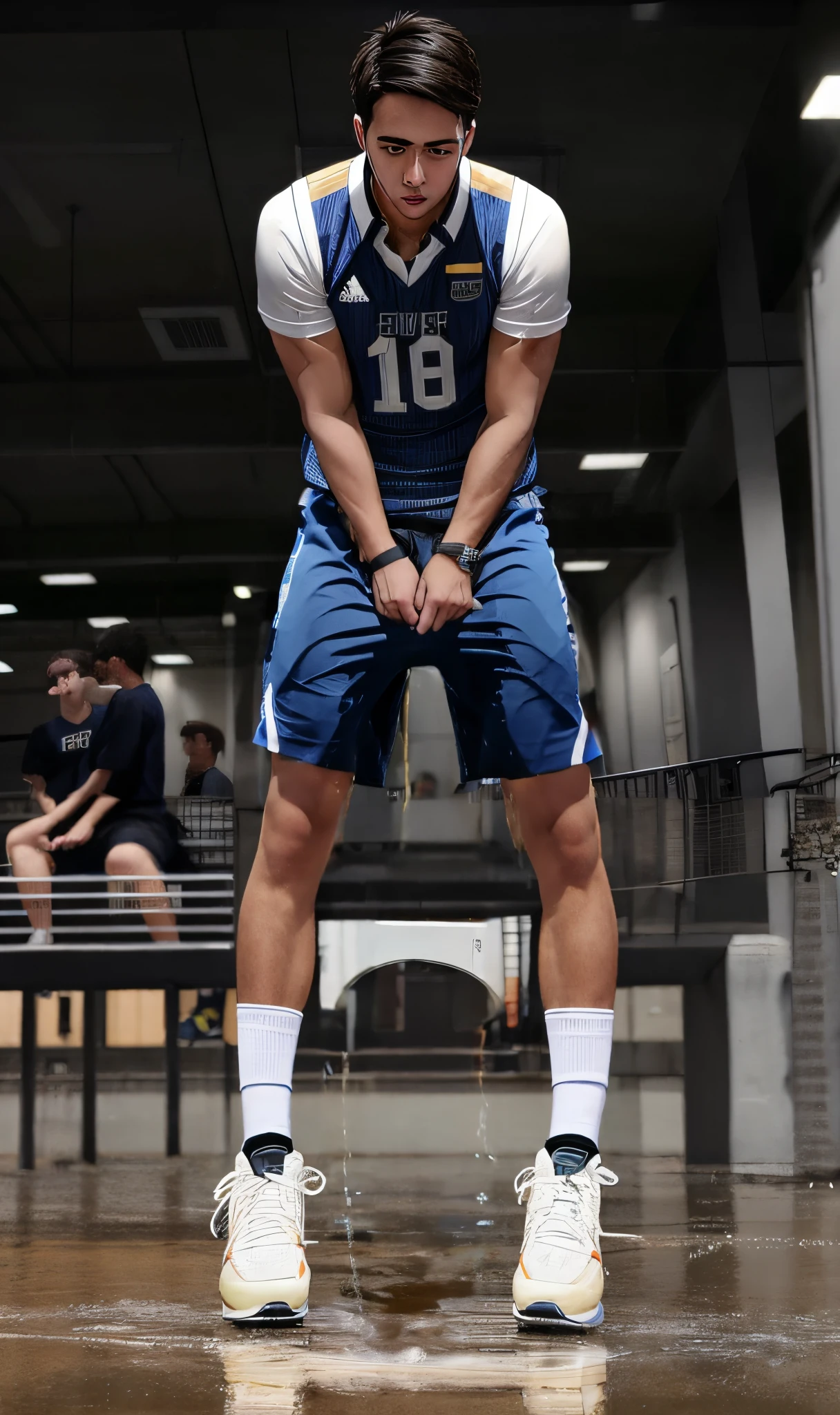  pants,blue basketball shorts,wet patch