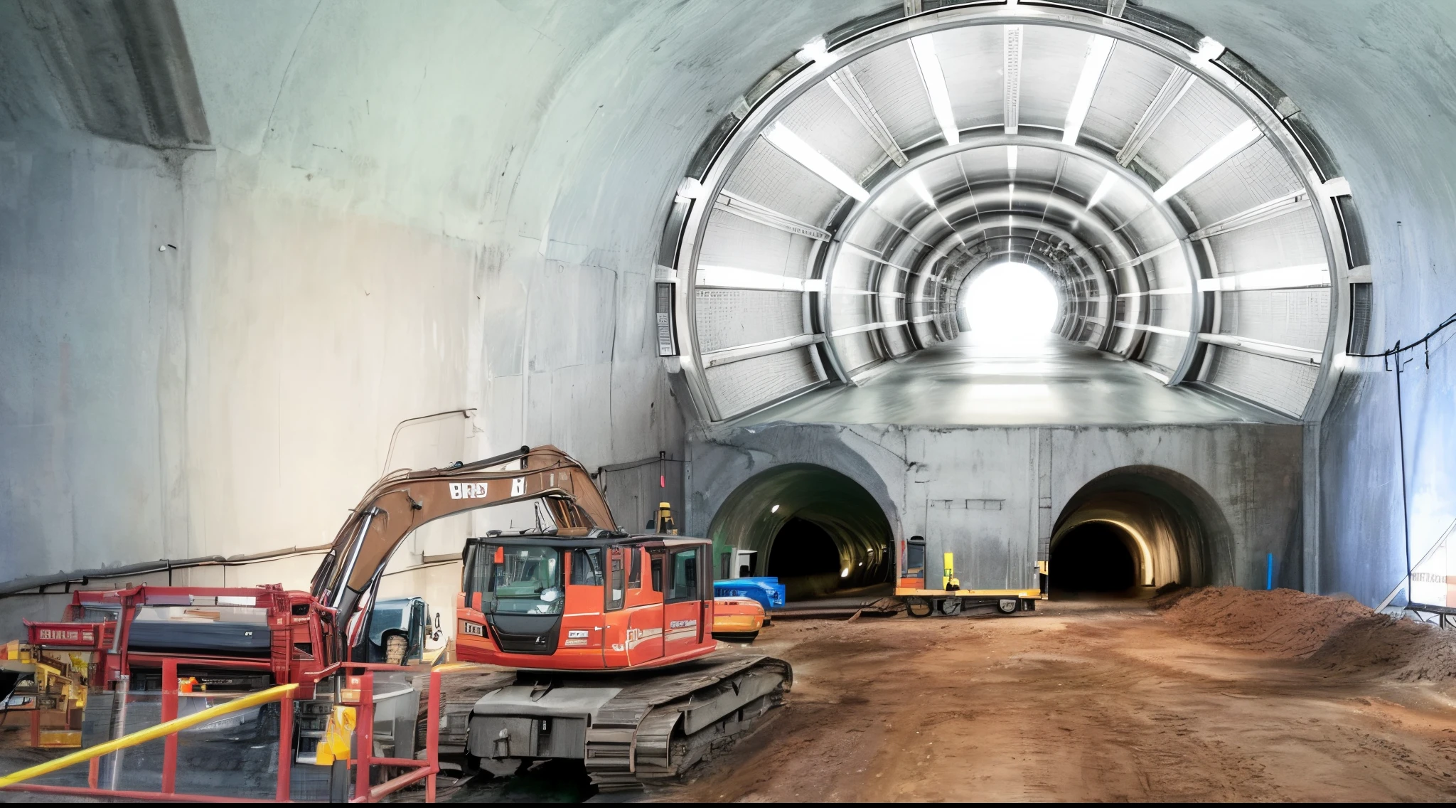 there are two construction machines that are in a tunnel, train in a tunnel, tunnels lead to different worlds, high walled tunnel, photo taken in 2 0 2 0, inside the tunnel, tunnel, tunnels, underground tunnel, photo illustration, infrastructure, underground facility, worksafe. instagram photo, video still, construction, advertising photo, by Jon Coffelt, realistic image, 16k resolution