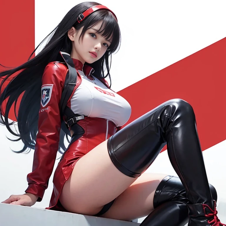 1girl in,Cute girl wearing red pilot suit from robot anime,,gravure idol class,ssmile,Accurately drawn face,Bobbed straight long black hair,Black hair fluttering in the wind,Slender but big breasts,g-cup,tre anatomically correct,Accurate depiction finger,Open your chest a little,long boots,cyber background,masterpiece,hiquality,accuracy,