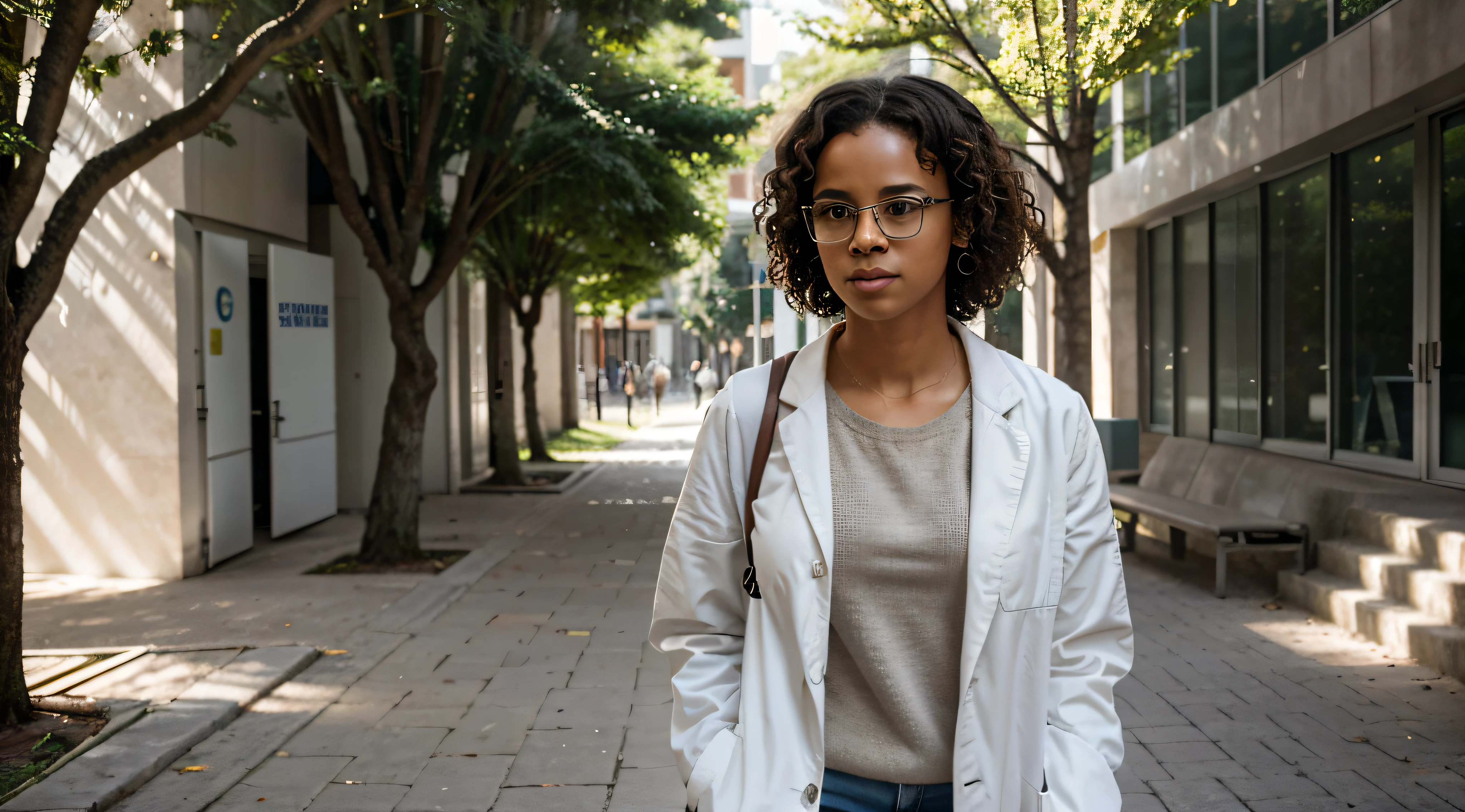 Generate a realistic image of a Brazilian university student, of African descent, wearing white lab coat and glasses, walking on university campus during the day. Destaque a textura do short dela, curly hair, ensuring visible and natural details. The sunlight should create soft shadows on the floor and accentuate the details of the white coat.. Make sure the student's facial expression is neutral and focused, Conveying determination. Incluir elementos realistas no ambiente, like trees, Academic buildings, e caminhos no campus. Apply natural lighting that highlights the contours of the face and coat, providing a sense of realism and depth to the scene.