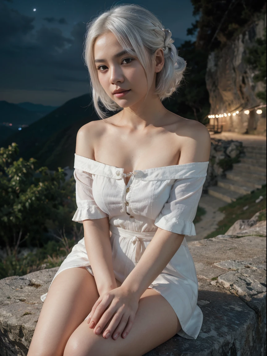 Best quality, masterpiece, ultra high res, (photorealistic: 1.4), raw photo, asian girl, off shoulder, cinematic lighting, kiss poses, heterochromia, white hair, white hair, sitting on the mountain cliff in night time, 4k, Sony a7,