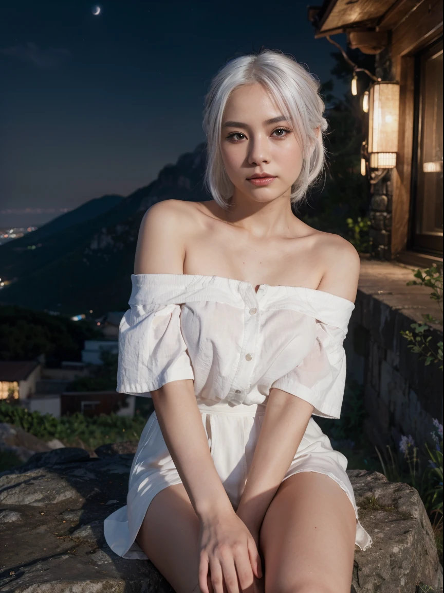 Best quality, masterpiece, ultra high res, (photorealistic: 1.4), raw photo, asian girl, off shoulder, cinematic lighting, kiss poses, heterochromia, white hair, white hair, sitting on the mountain cliff in night time, 4k, Sony a7,