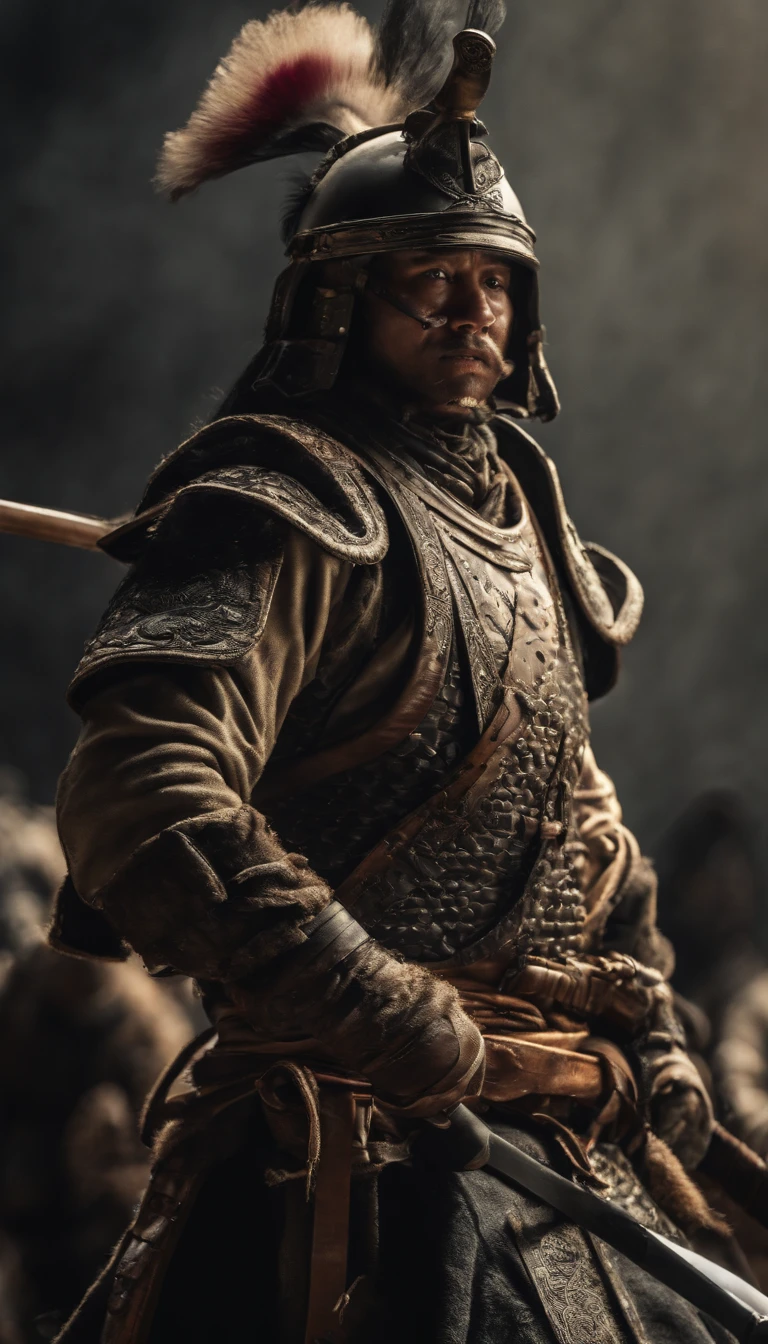 (best quality, 4K, high resolution, Meisterwerk:1.2), Ultra-detailliert, fotorealistisch, Japanese samurai armor, Schwarze Maske, schwarze Handschuhe, Schwarze gepanzerte Stiefel, Kriegsfeld, holds samurai sword, somber atmosphere, dominant