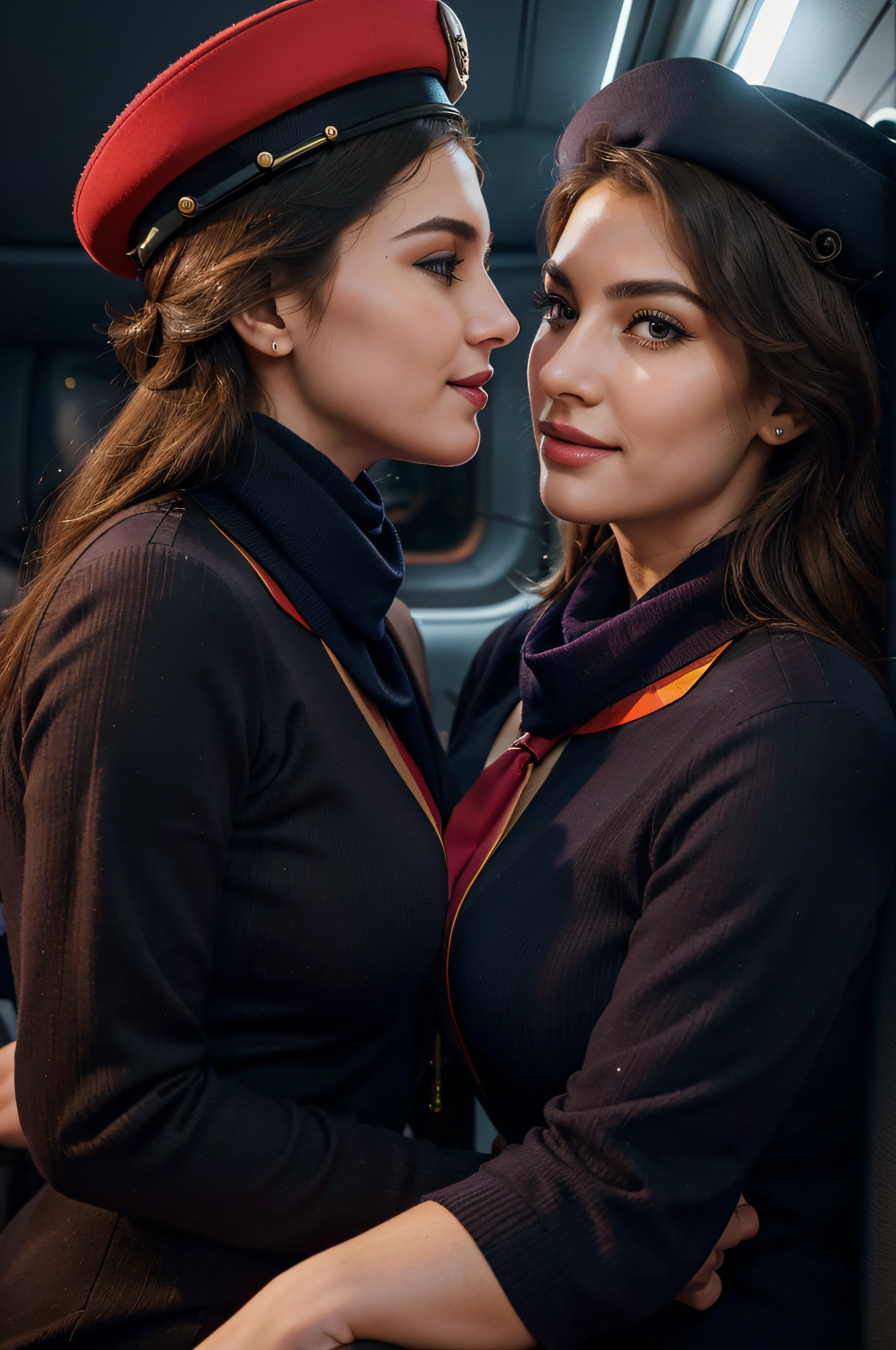 (best quality,realistic:1.2),2 beautiful lesbian and lovers Aeroflot flight attendants embracing, kissing on lips, detailed facial features, long eyelashes, warm smiles, realistic uniforms, full body, iconic airline scarves, perfectly styled hair, stylish hats, elegant hand gestures, airplane cabin background, full body, professional lighting, vivid colors, sharp focus.