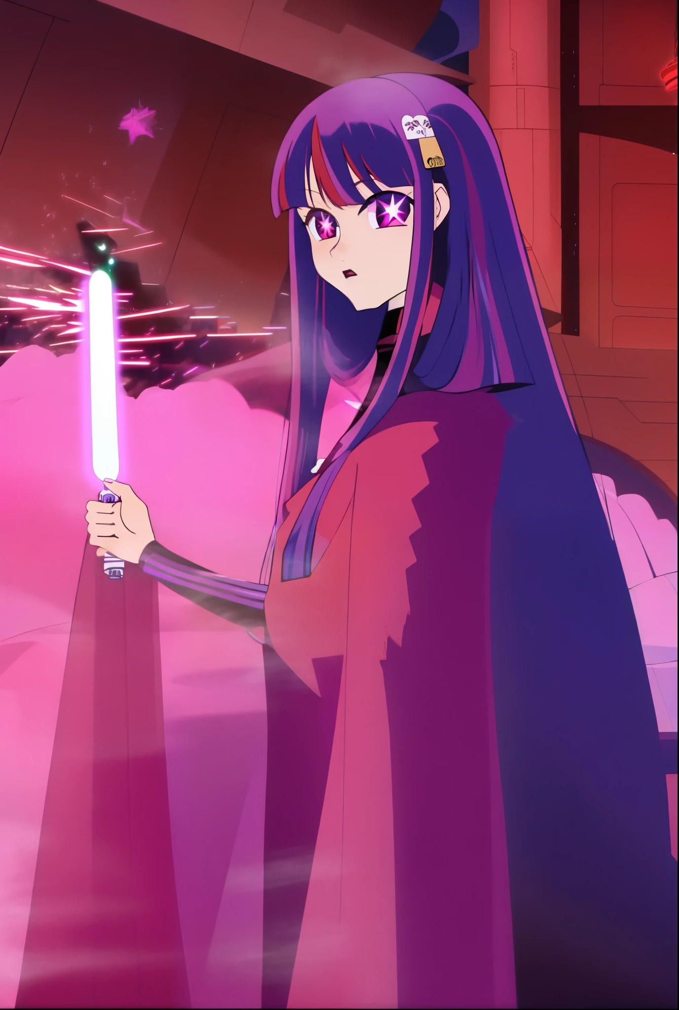 masterpiece, best quality,tcw2003 Hoshino Ai, long hair, purple hair, streaked hair ,purple eyes, star-shaped pupils, hair ornament, with a ignited lightsaber