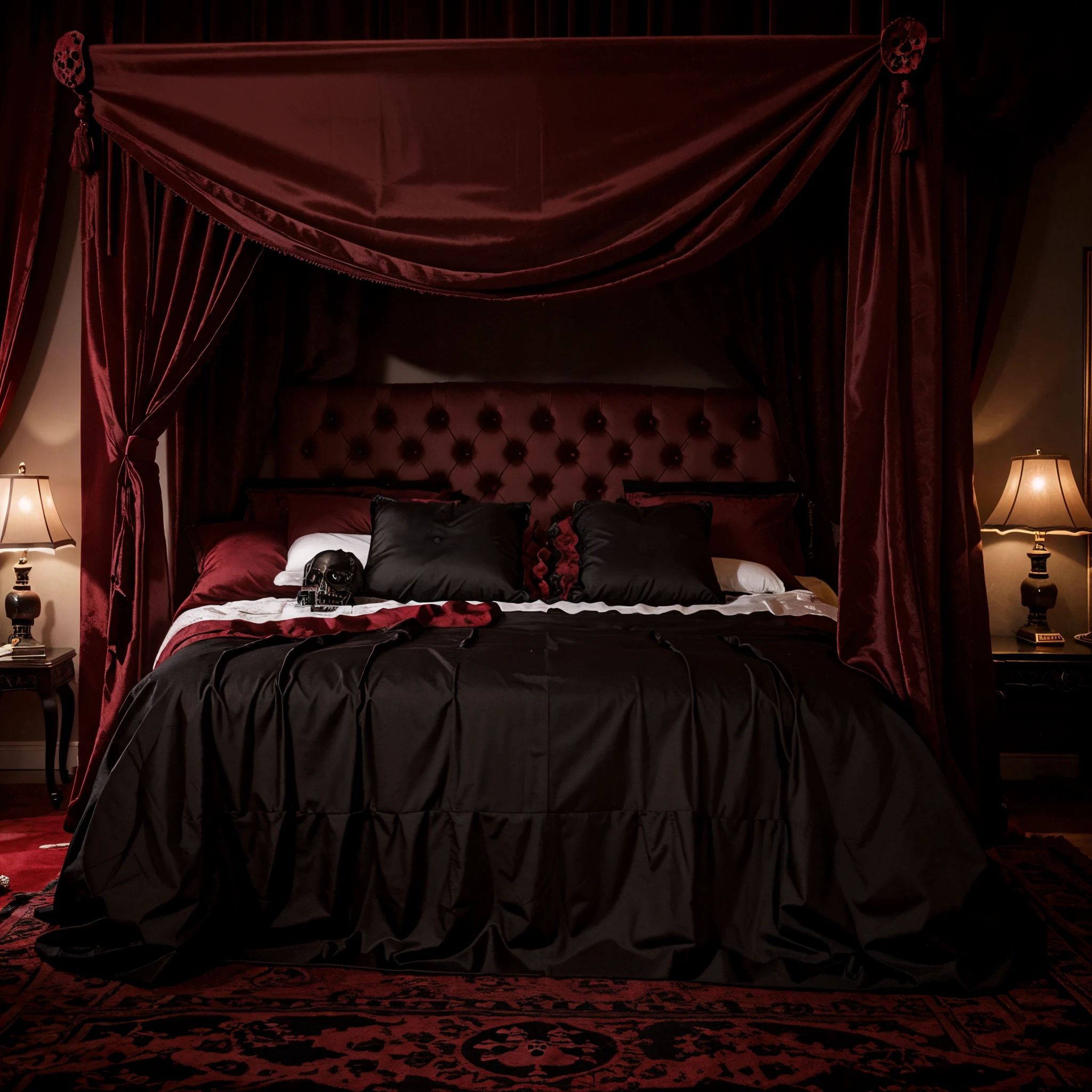 Princess bedroom in royal house, black and red gothic style, skulls, fhd, photorealistic, beauty