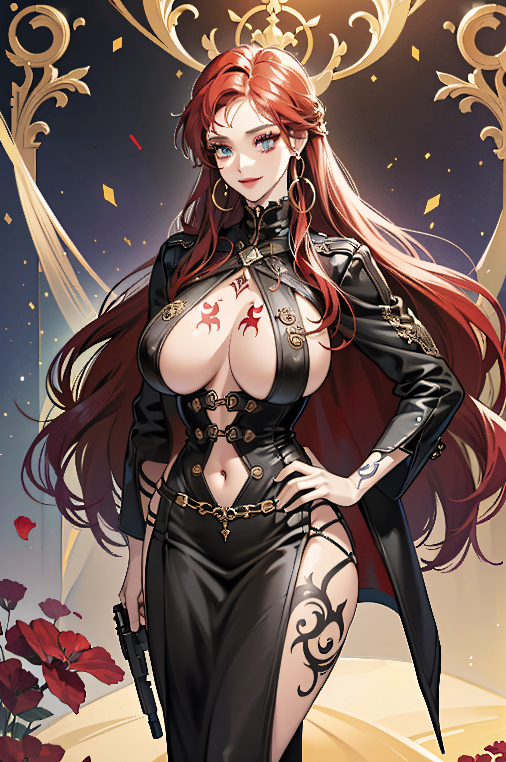 (masterpiece), best quality, (((ultra detailed, 8k quality))), expressive eyes, perfect face, perfect anatomy, perfect body, (realistic), expressive eyes, perfect eyes, illustration, ((wallpaper)), professional, epic, scene, sharp image, clear image, amazing details, ((detailed background))
red hair, ((tattoos)), leather, goth, makeup, full body, ((huge breasts)), underboob, high heels, navel piercing, hoop earrings, spikes, ((36 is for her chest size)), ((the 24 for her waist and)) ((then the last 36 for her hips)). ((36-24-36)), ((Hourglass Figure)) , gothic, gothgirl, rifle, holding gun, evil smile, m4a1,