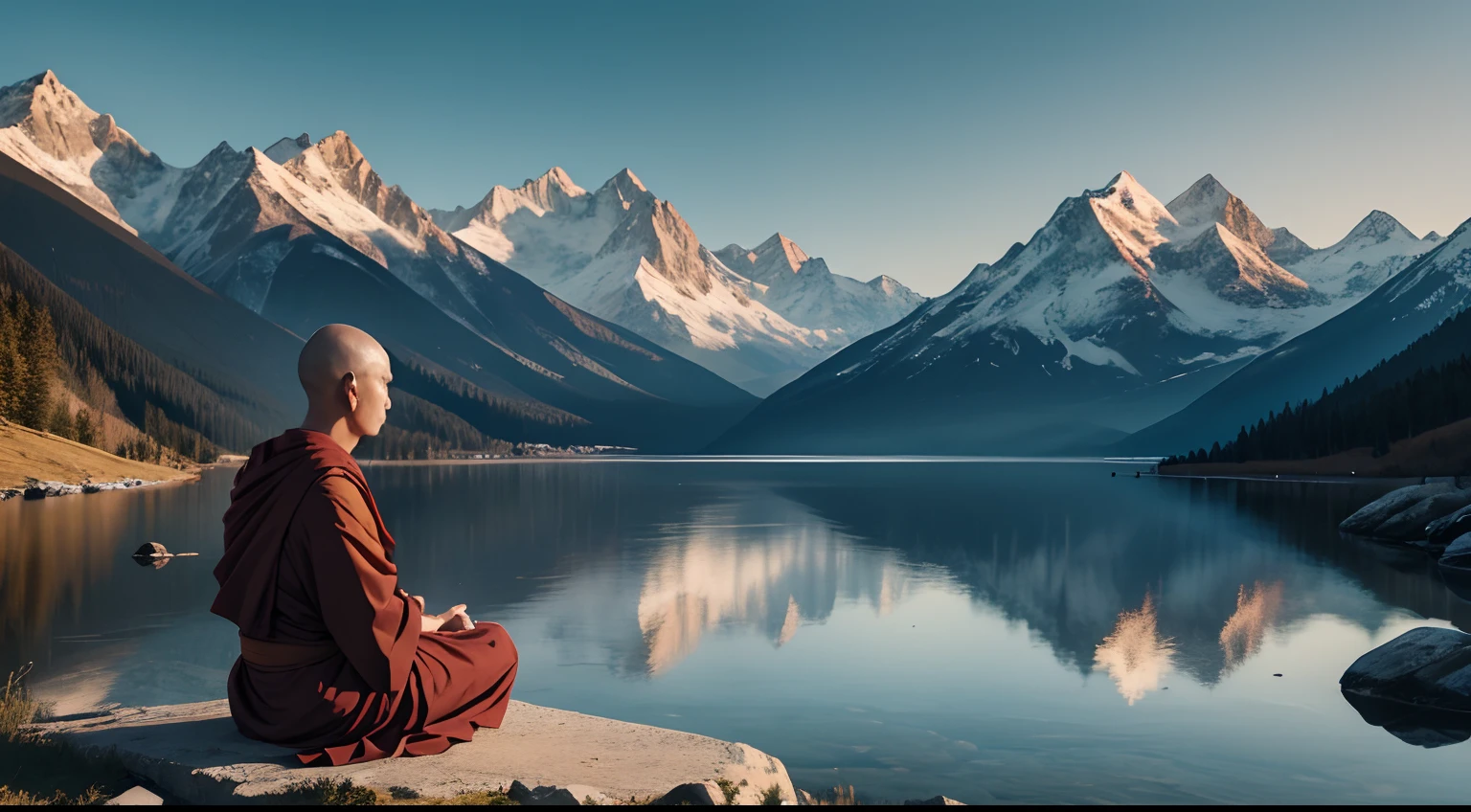 A Buddhist master meditating with a young man, outdoors with mountains in the background, serene atmosphere, realistic, 8k