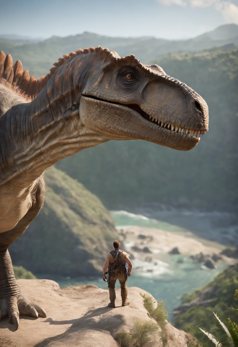 A photo of bob standing on a cliff edge, looking out over the vast expanse of the dinosaur-filled island.,Ark survival evolved,bob is a neanderthal looking man who carries primative tools and wears only a loincloth. he is strong from surviving on an island inhabitated by dinosaurs