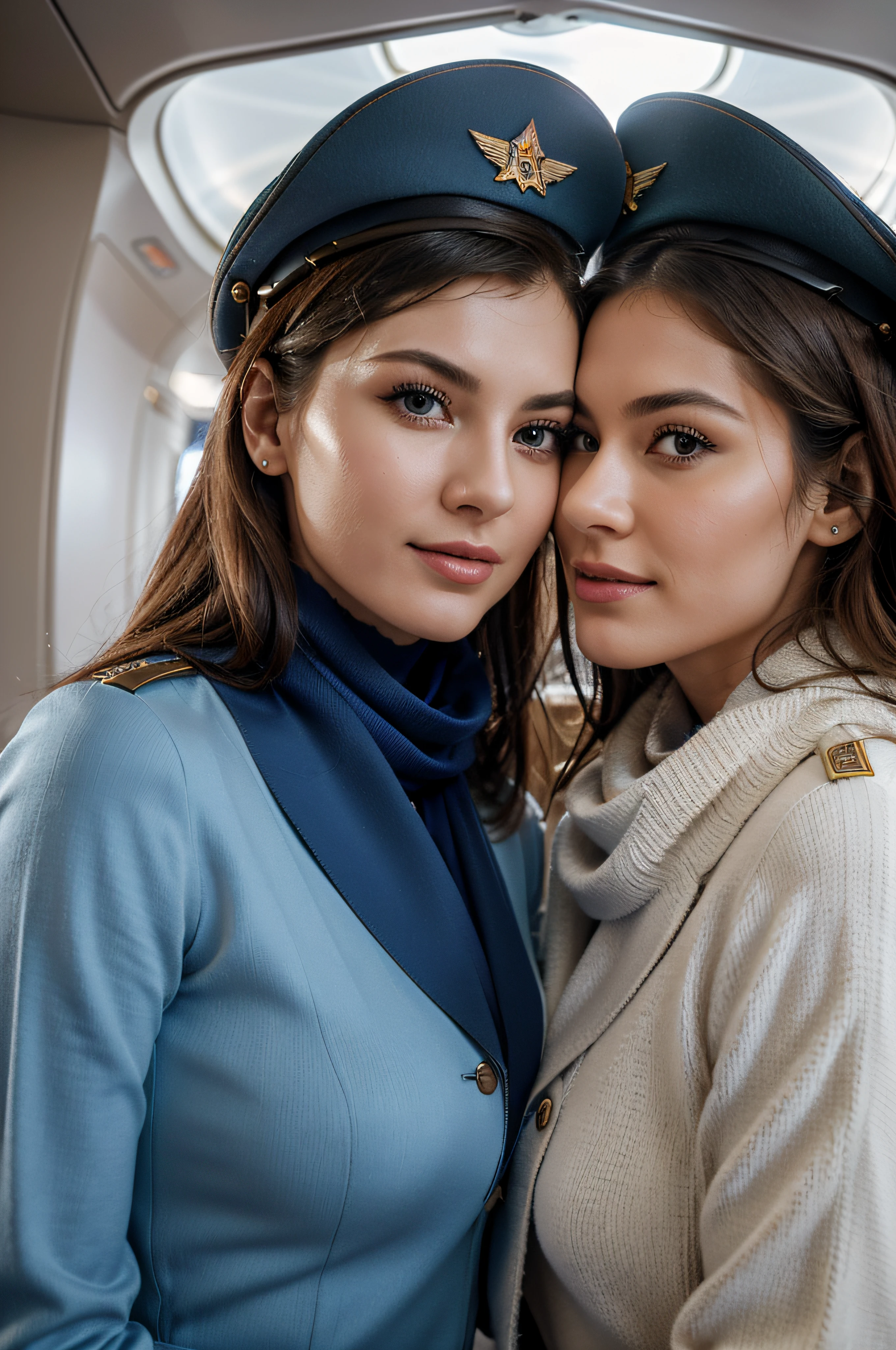 (best quality,realistic:1.2),2 beautiful lesbian and lovers Aeroflot flight attendants embracing, kissing on lips, detailed facial features, long eyelashes, warm smiles, realistic uniforms, full body, iconic airline scarves, perfectly styled hair, stylish hats, elegant hand gestures, airplane cabin background, full body, professional lighting, vivid colors, sharp focus.