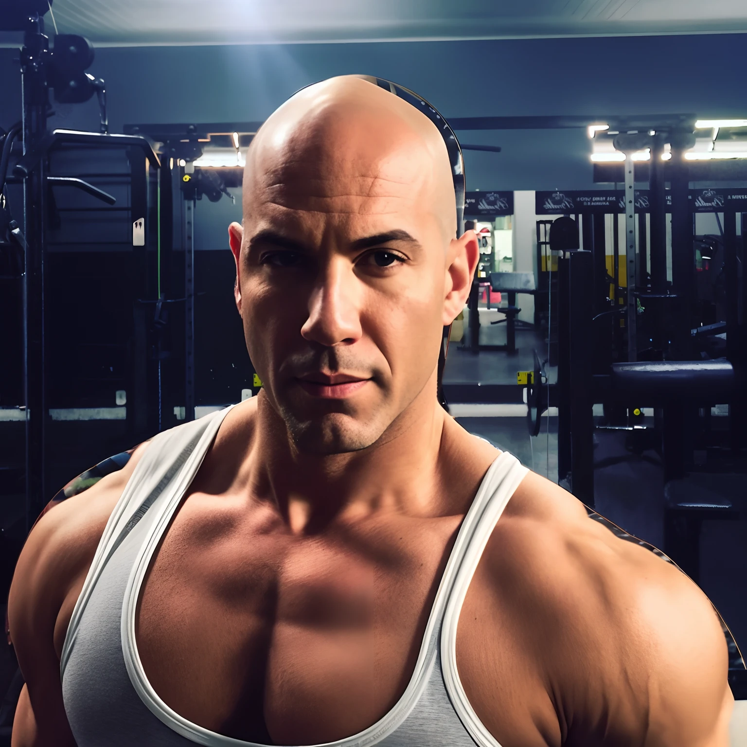 A man with a bald head and a white tank top, tirando uma self, homem careca musculoso, fundo de academia, 38 anos, imagem de perfil, musculoso, disney pixar style
