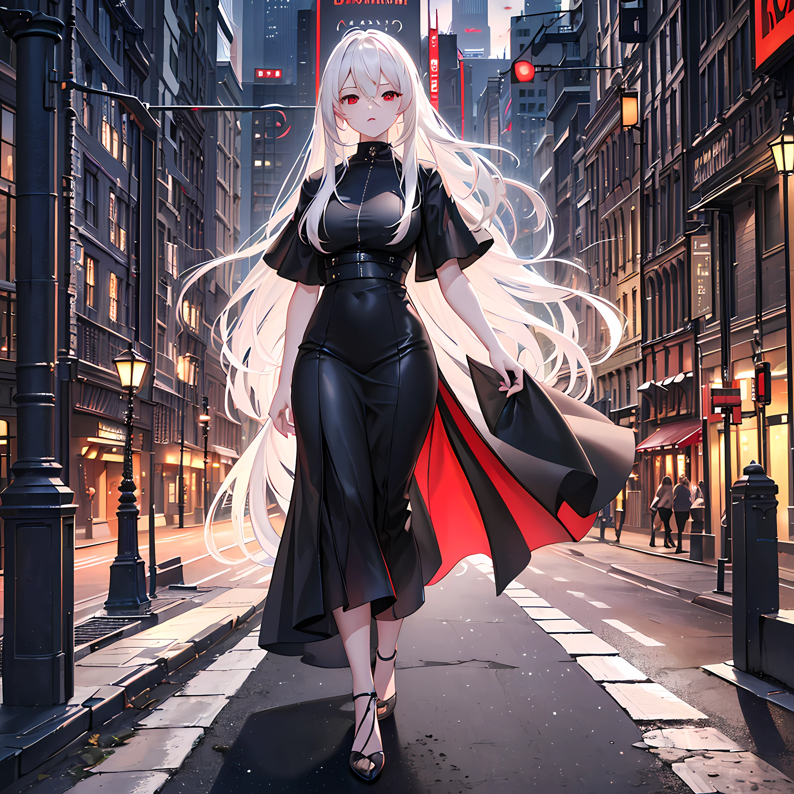 (best quality,4k,8k,highres,masterpiece:1.2),ultra-detailed,(realistic,photorealistic,photo-realistic:1.37),Full body,long white hair,tight black dress,red eyes,city background,professional,vivid colors,physically-based rendering,portraits,sharp focus,studio lighting.
