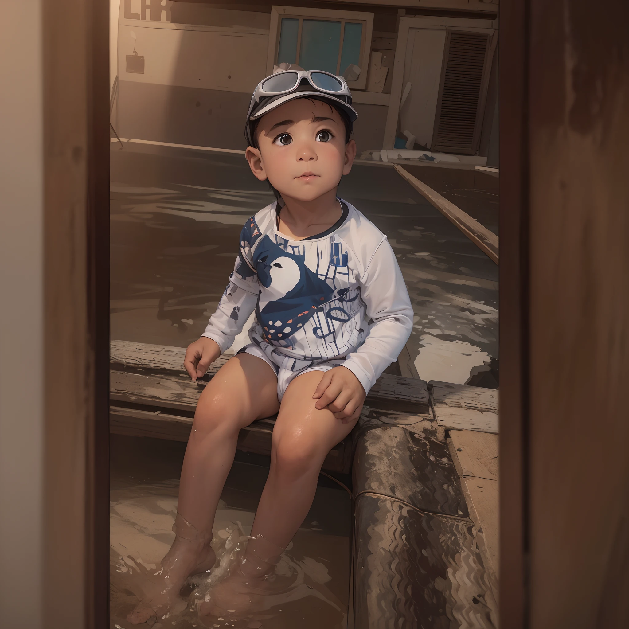 (master part, best quality, ultra-detalhado, 8k, papel de pavermelhoe, fotorrealista), (medium shot), um bebe com roupa do super homem, anatomia perfeita, (()), ((pele molhada)),