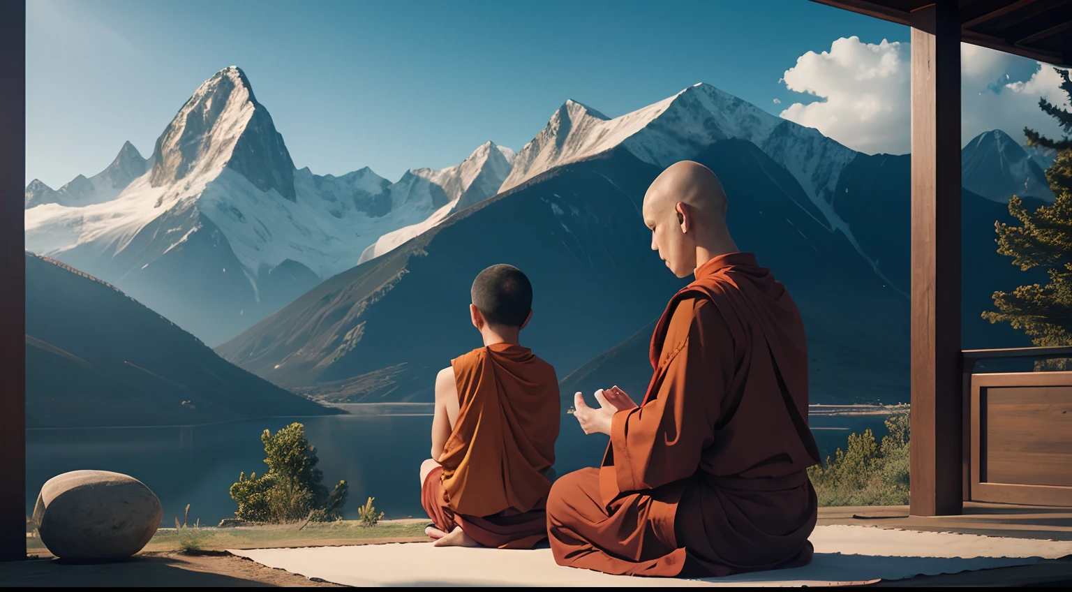 A Buddhist master meditating with a young man, outdoors with mountains in the background, serene atmosphere, realistic, 8k