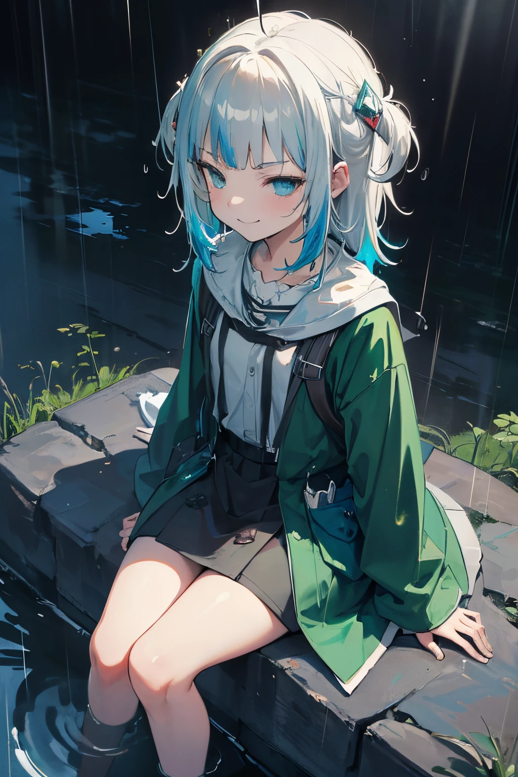 ((Gawr gura)), ((Masterpiece)), (highly saturated), (High Definition:1.3), (Professional Photography:1.2), from above, (cinematic lighting), ahoge, (flat body), (flat chest), (very smirk), sitting on stone, sad, tired, dirty face, green raincoat, (backpacks), heavy rain, (downpour), wasteland, ruins, grey, desolate, rain, dark