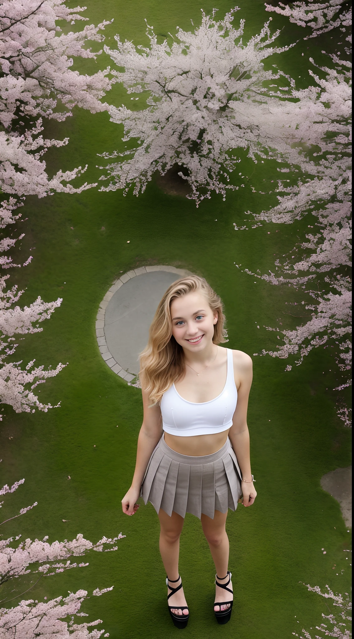 Pre-teen, 16 years old, European, blonde, small breasts, big eyes, long legs, close-up of faces, tank top with plunging neckline, sweatshirt, tiny pleated skirt, heeled sandals, extremely high angle shot, top view of girl, park background, trees, cherry blossom, mirrored floor with reflections, ray tracing, HDR
