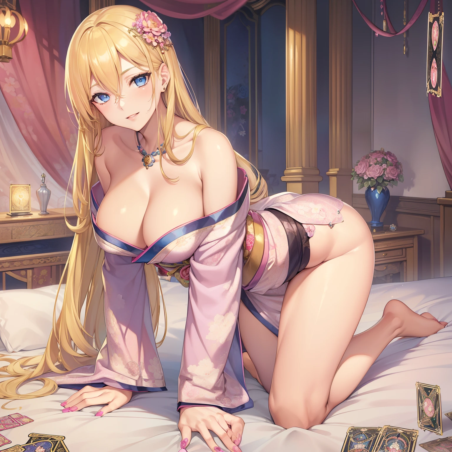 Masterpiece, Best Quality, (((Solo mature woman))), (((blonde hair))), extra long hair, Large chest, (((wide hips))), (((blue eyes))), full lips, seductive smile, cleavage, (kneeling on bed), (((tarot cards on bed))), (knife) blushing, (((wearing shiny pink kimono with floral pattern))), [Janet], [Alice], "beautiful mature face" , age30 , milf , adult