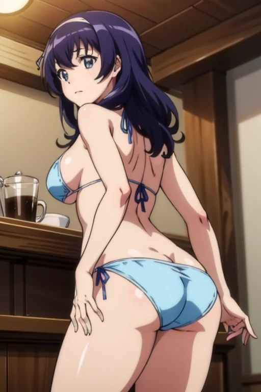 style anime, Best quality, High resolution, 1fille, (Renforcement des seins:1.4), Bikini de bounne, Yamanoubé in prison, cheveux violets, yeux rouges, cheveux mouyens, dedans, coffee shop, Lifting de jupe, (Rouugir:1.2), compter, :ou, hairband, beau visage, from below