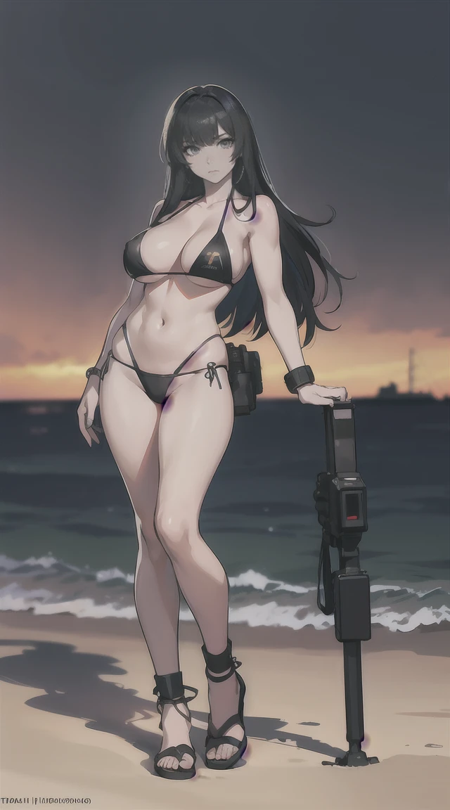 An Extremely Photorealistic Full Body View Of A Sumptuous Caucasian Militant Tank Girl With Awesome Black Hair And Grey Eyes Wearing A Rainbow Colored Bikini with an ankle bracelet on Posing On The Beach At Night Under The Neon Moonlight, PhotoRealistic Background, fantastical, ethereal, atmospheric, DOF, vibrant lighting, hyper-realism, best quality, highly detailed,  resolution, 8k, DSLR, HDR, UHD, Fujifilm X3.