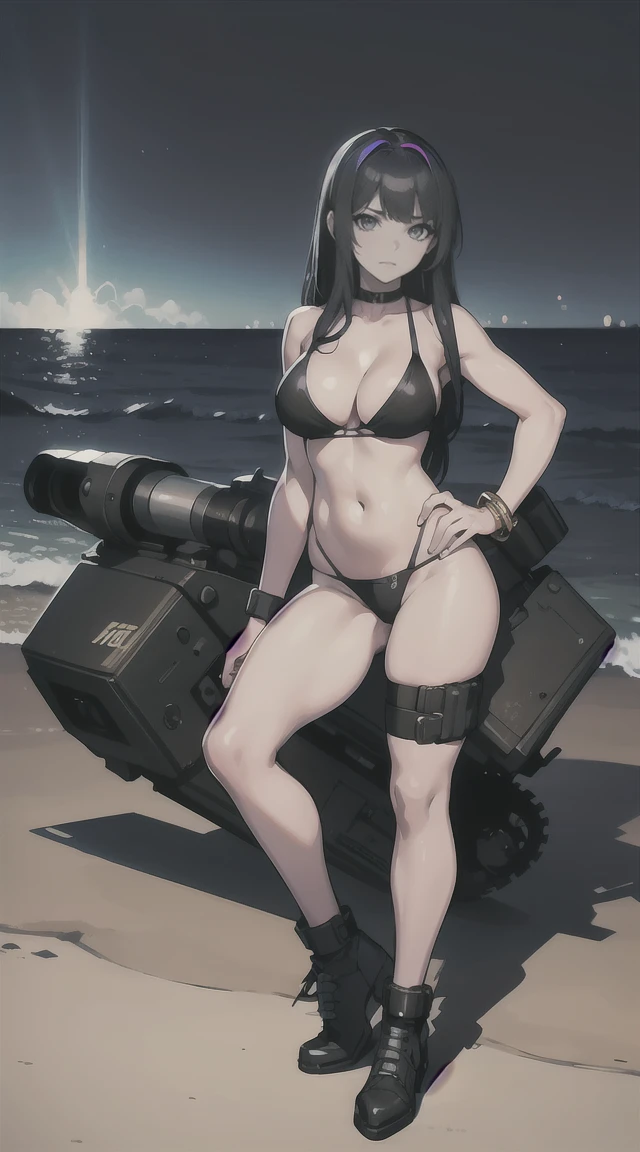 ((1 lady))、ultra-detailliert, Top image quality, digitial illustration, Seductive Anime Girl, Glossy realistic skin texture、Meticulously drawn hair, Meticulously drawn eye, Sharp Focus, Precise human body structure、Smooth texture、((Back view:1.3))、((Combative posing:1.5))、((Holding a big Heavy artillery:1.6))、((bazooka and gatling gun and rocket launcher))、((dynamism:1.3))、((dynamic angle:1.2))、((Being in battle field:1.2))、seductive smile、((latex micro bikini:1.3 crop top:1.3))、((sleeveless))、((cleavage:1.3))、((crop top navel))、((highleg:1.3))、((huge breasts:1.3))、((huge hip:1.3))、((thick thighs))、curvy、((collarbone))、((cameltoe))、Full body